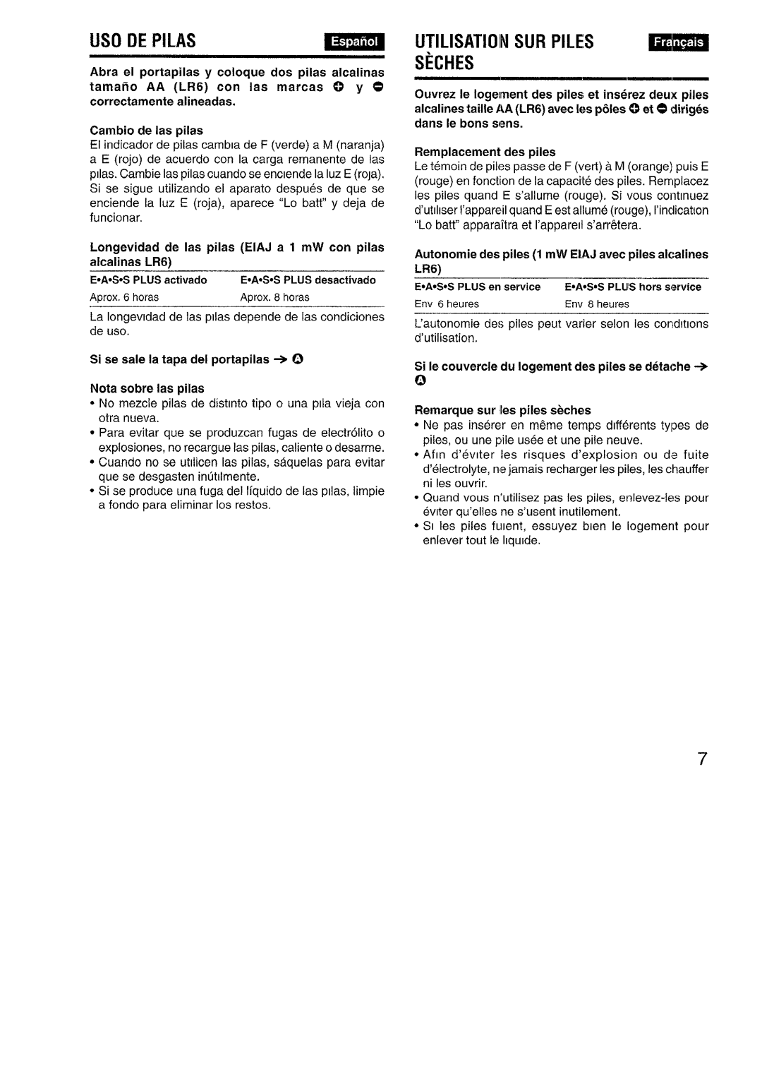 Aiwa XP-R970 manual Uso De Pilas, Utilisatioin Sur Piles, Seches 
