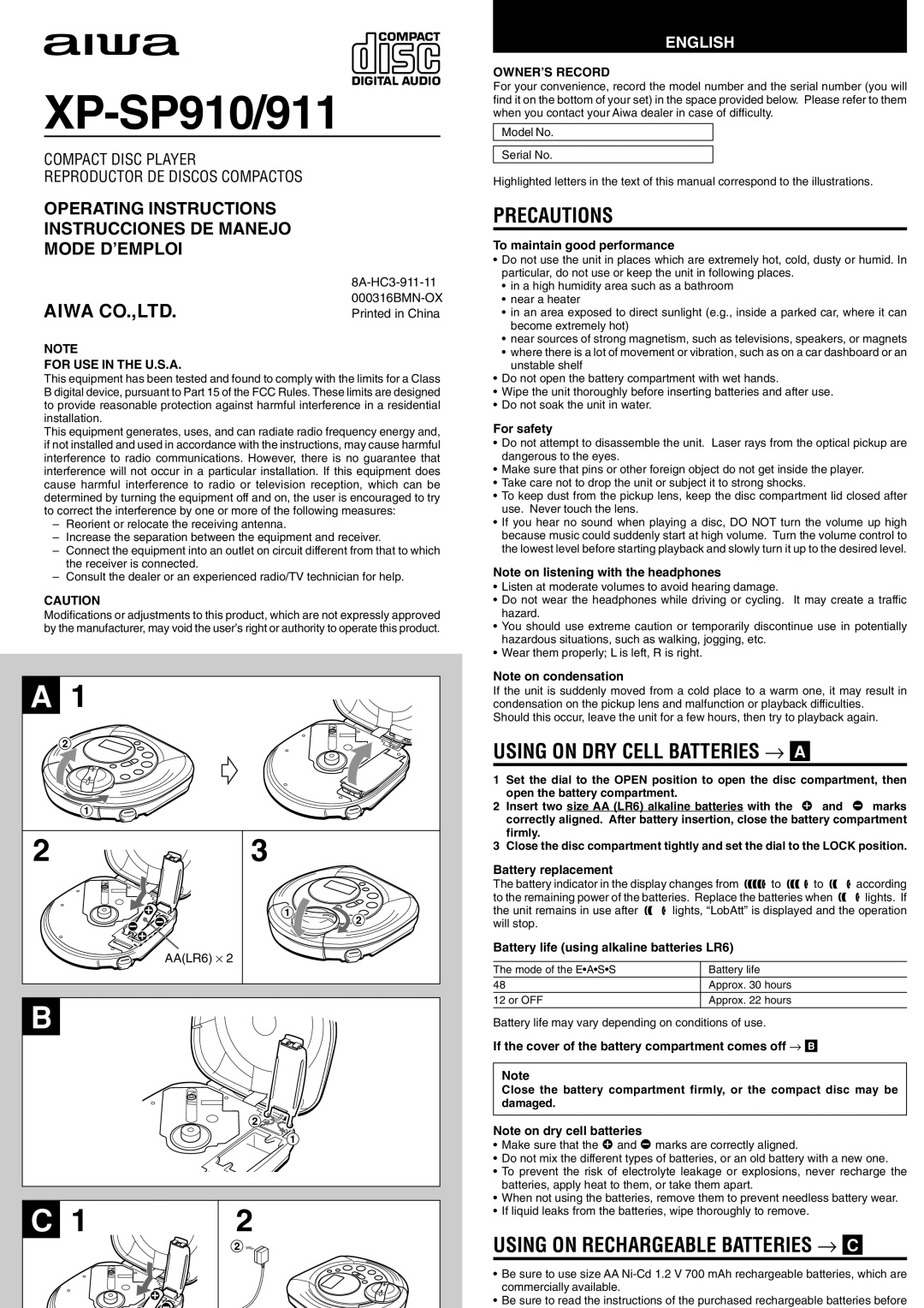 Aiwa XP-SP911, XP-SP910 manual Precautions, Using on DRY Cell Batteries → a, Using on Rechargeable Batteries → C, English 