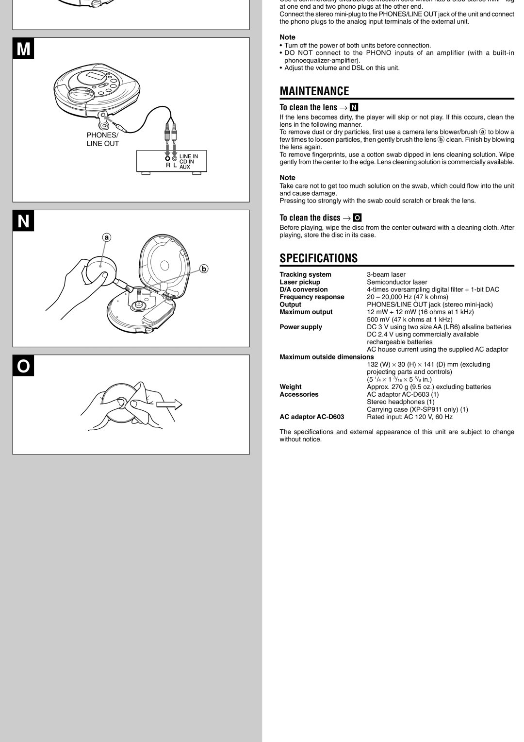 Aiwa XP-SP910, XP-SP911 manual Maintenance, Specifications, To clean the lens → N, To clean the discs → O 