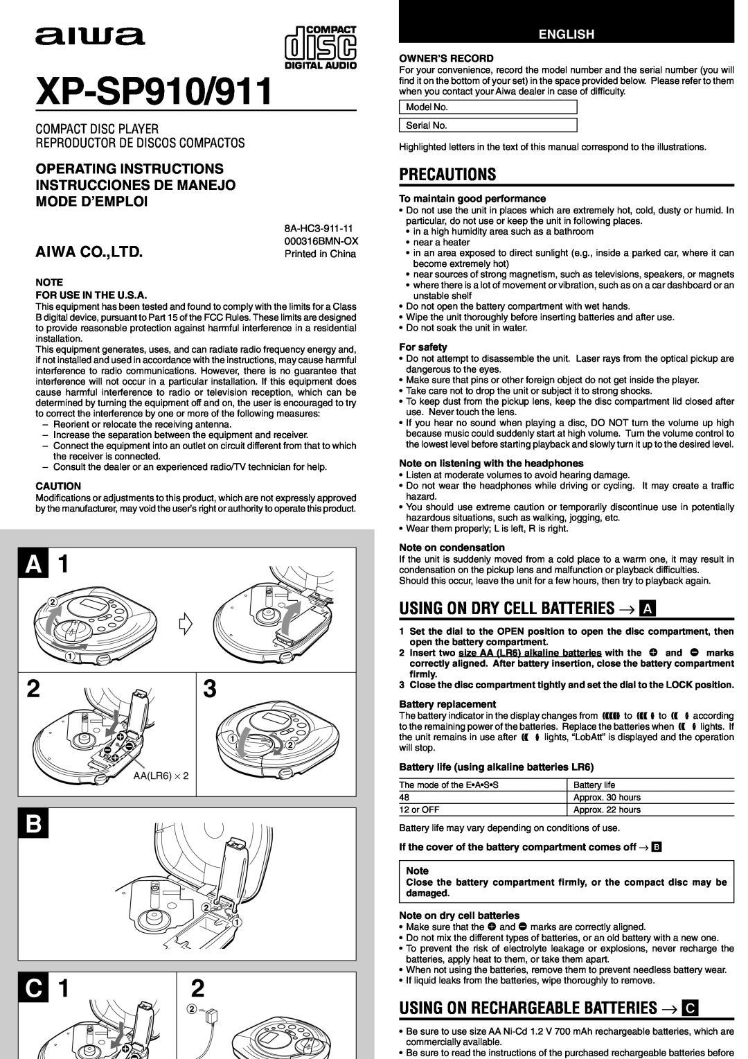 Aiwa XP-SP911 manual Precautions, Using On Dry Cell Batteries → A, Using On Rechargeable Batteries → C, Mode D’Emploi 
