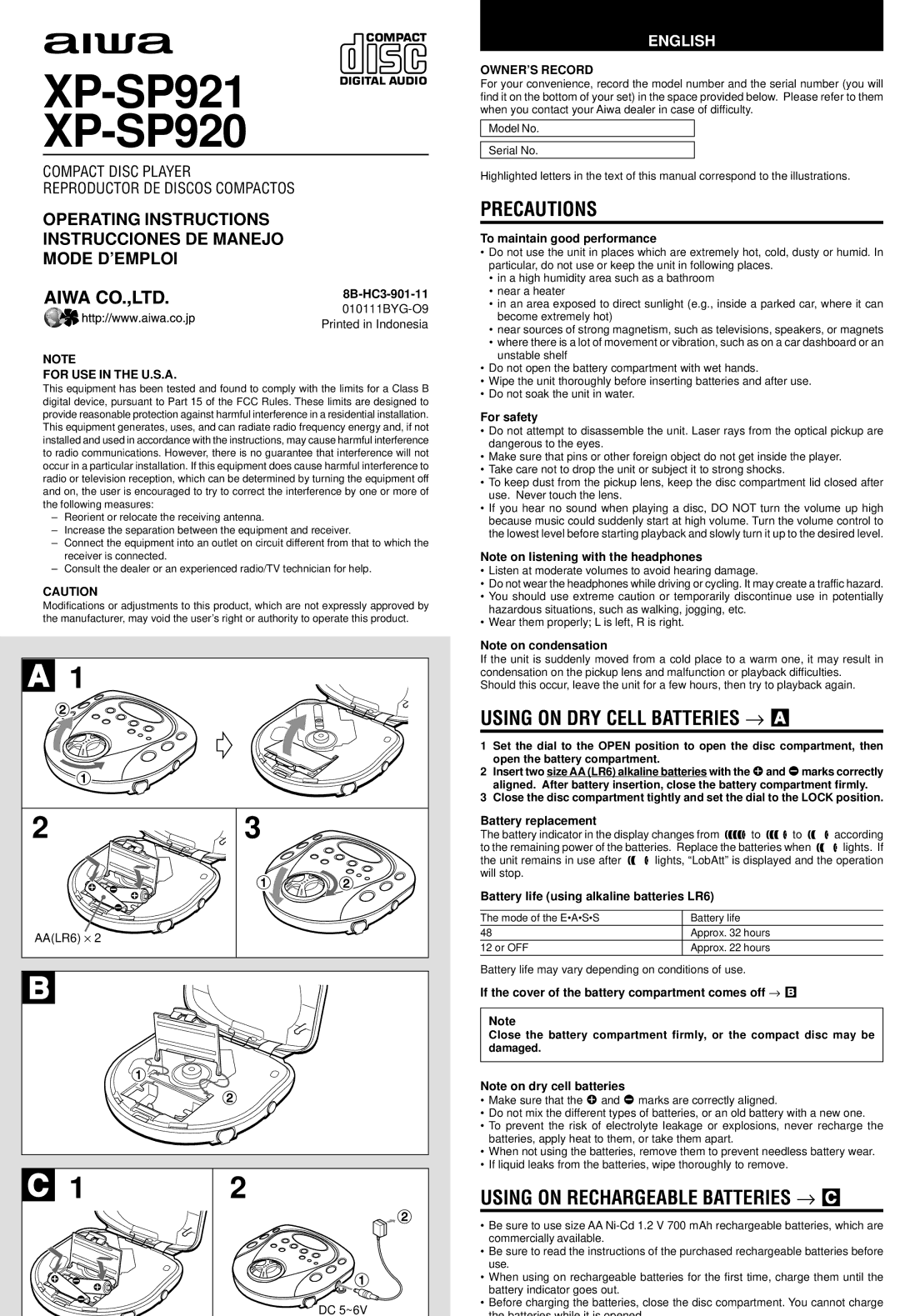 Aiwa XP-SP920 operating instructions Precautions, Using on DRY Cell Batteries → a, Using on Rechargeable Batteries → C 