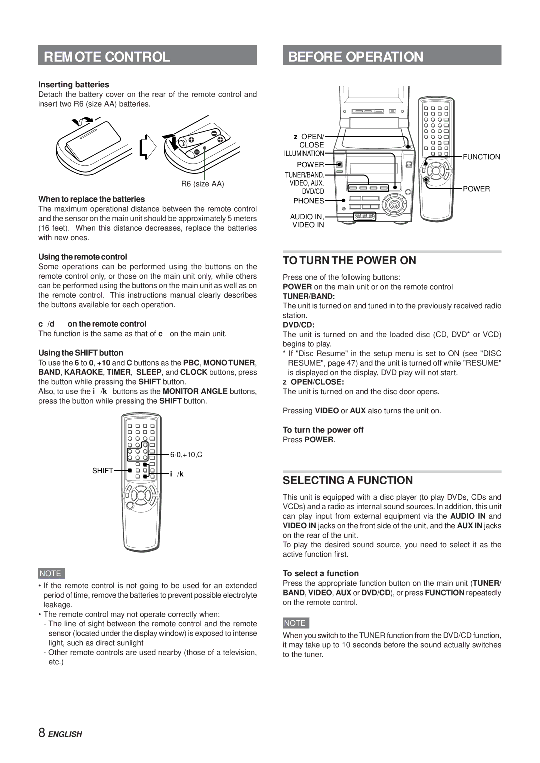 Aiwa XR-DV3M operating instructions Remote Control, Before Operation, To Turn the Power on, Selecting a Function 