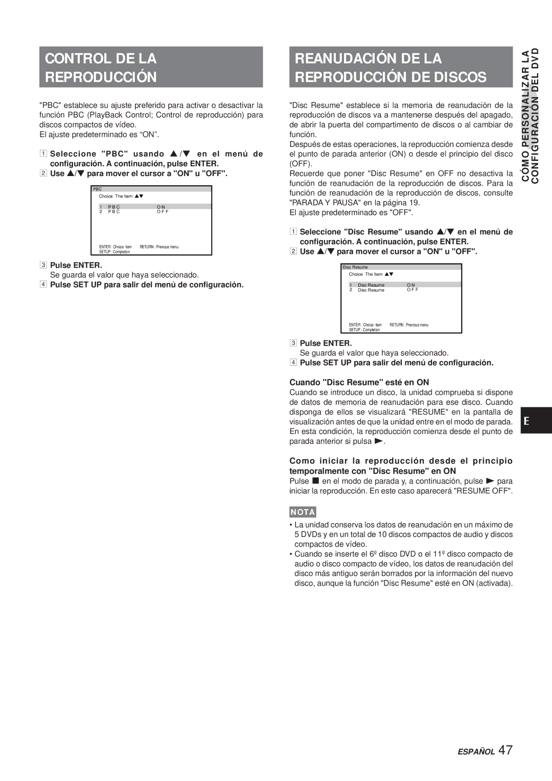 Aiwa XR-DV3M operating instructions Control DE LA Reproducción, Reanudación DE LA, Cuando Disc Resume esté en on 