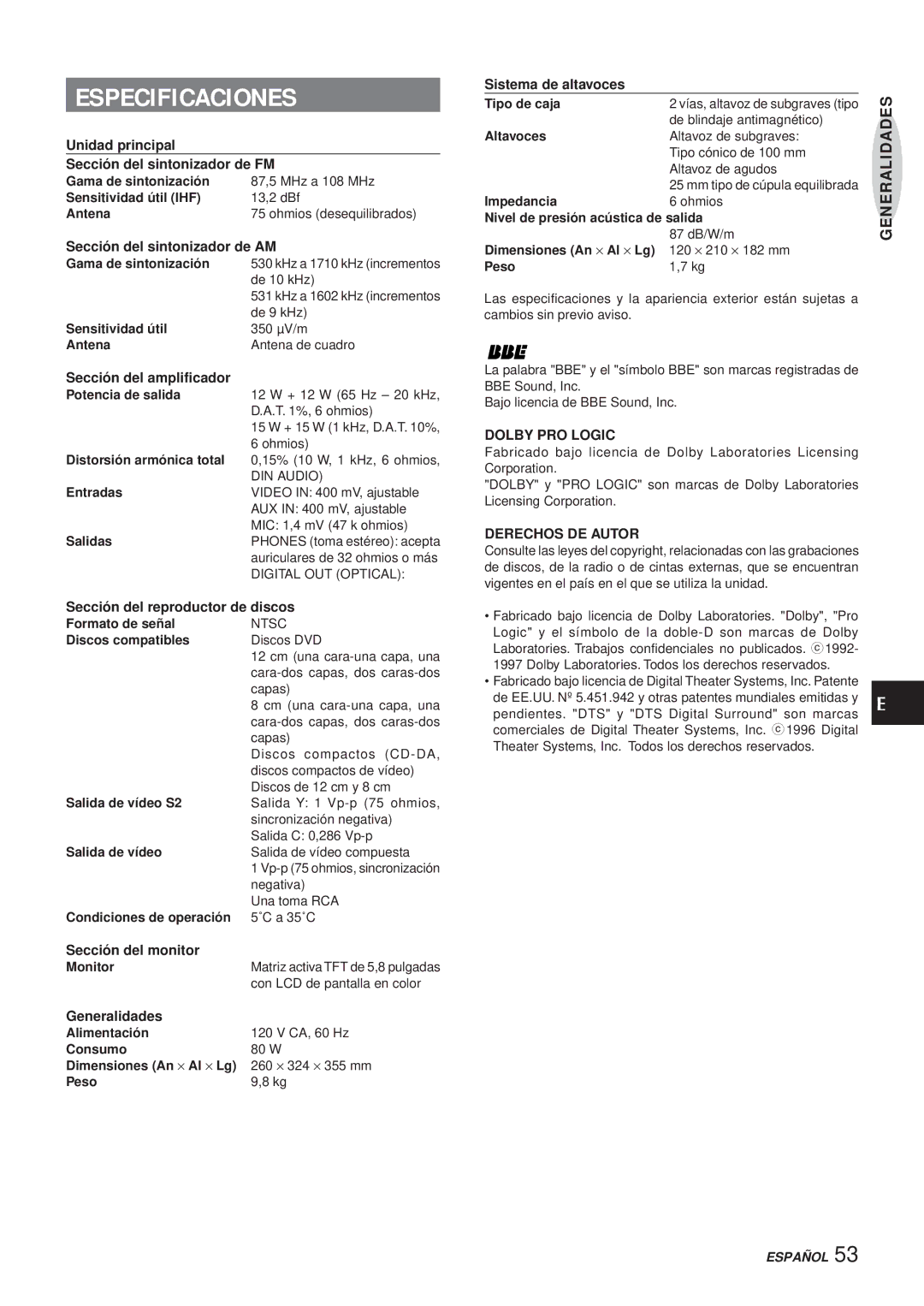 Aiwa XR-DV3M operating instructions Especificaciones, Derechos DE Autor 