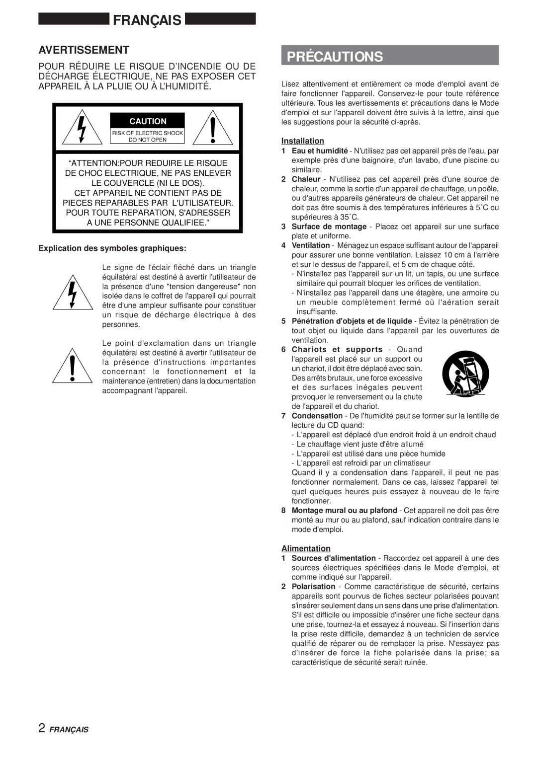 Aiwa XR-DV3M operating instructions Précautions, Avertissement, Explication des symboles graphiques, Alimentation 