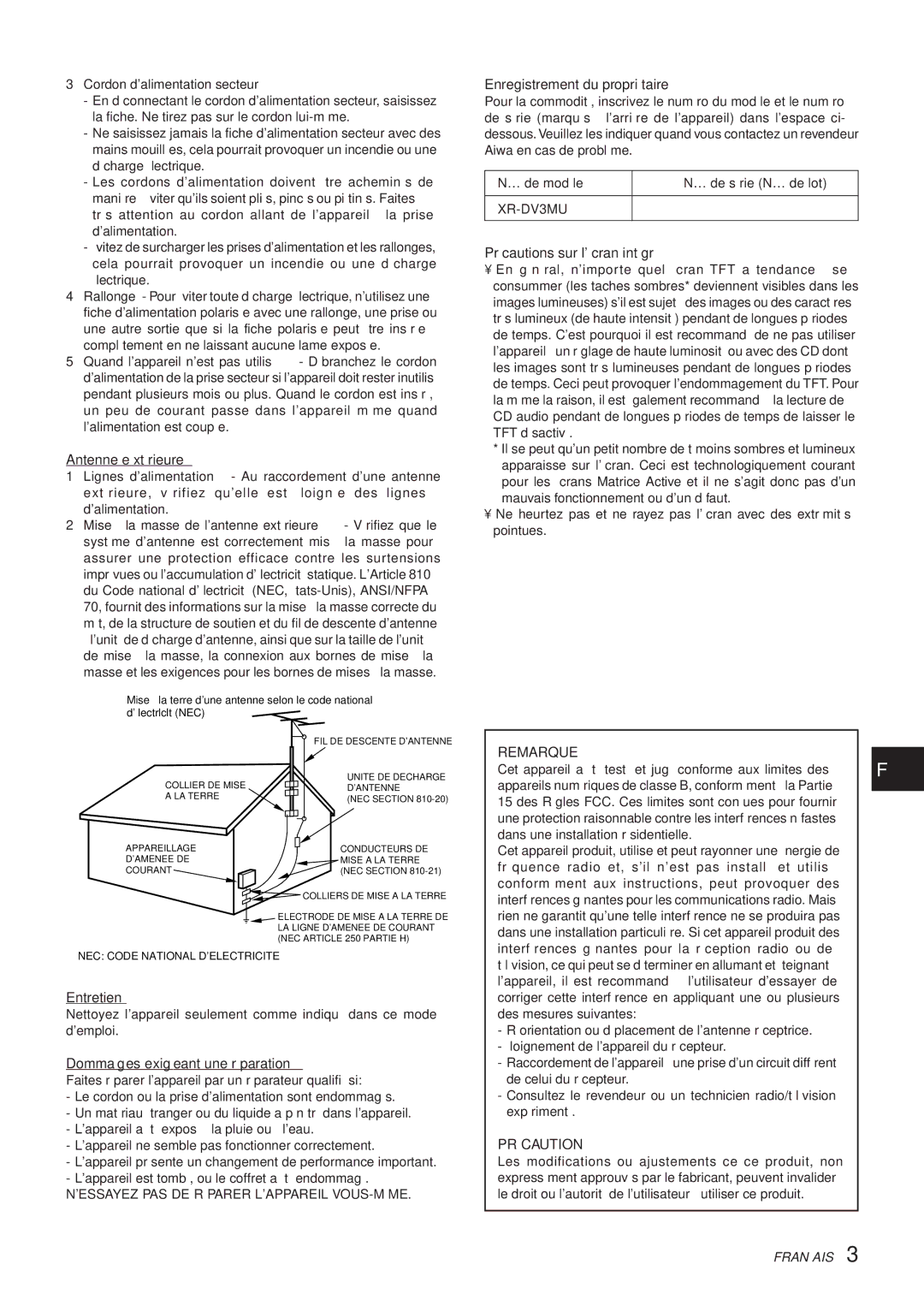 Aiwa XR-DV3M operating instructions Remarque, Précaution 