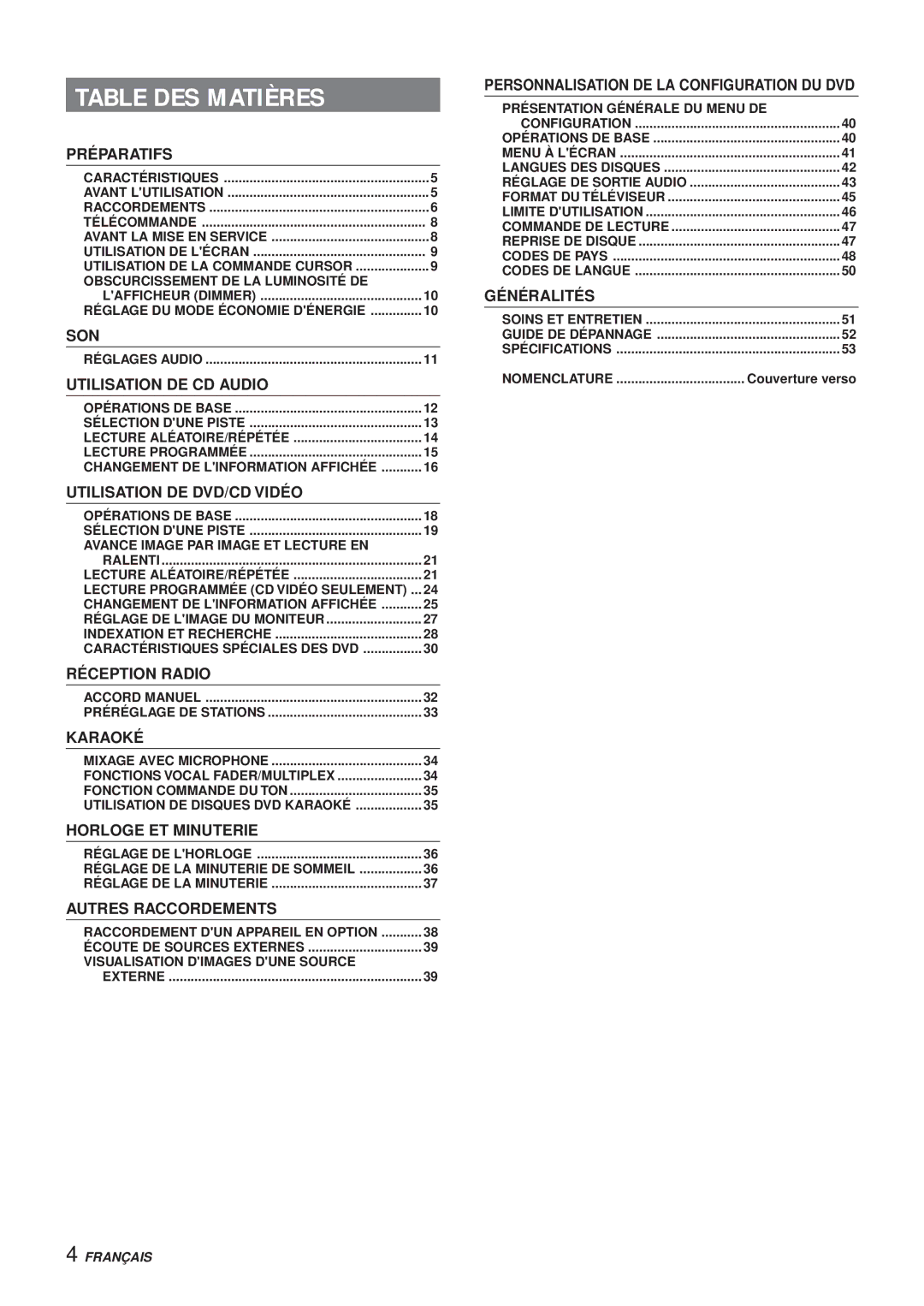 Aiwa XR-DV3M operating instructions Table DES Matières, Préparatifs 