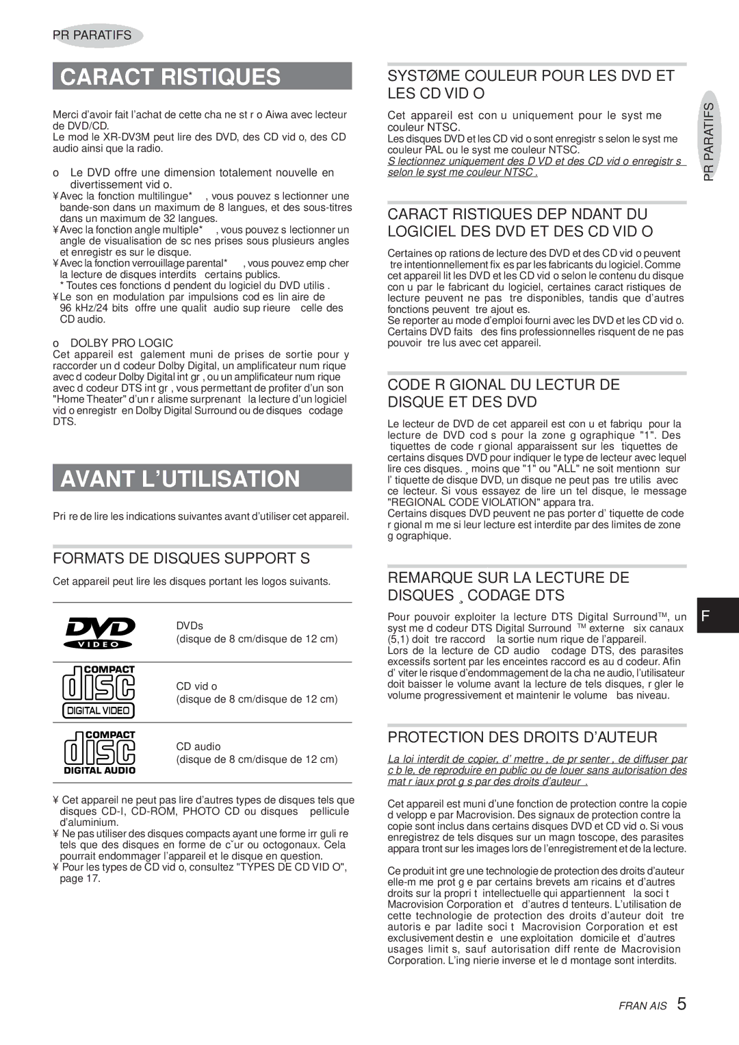 Aiwa XR-DV3M operating instructions Caractéristiques, Avant Lutilisation 