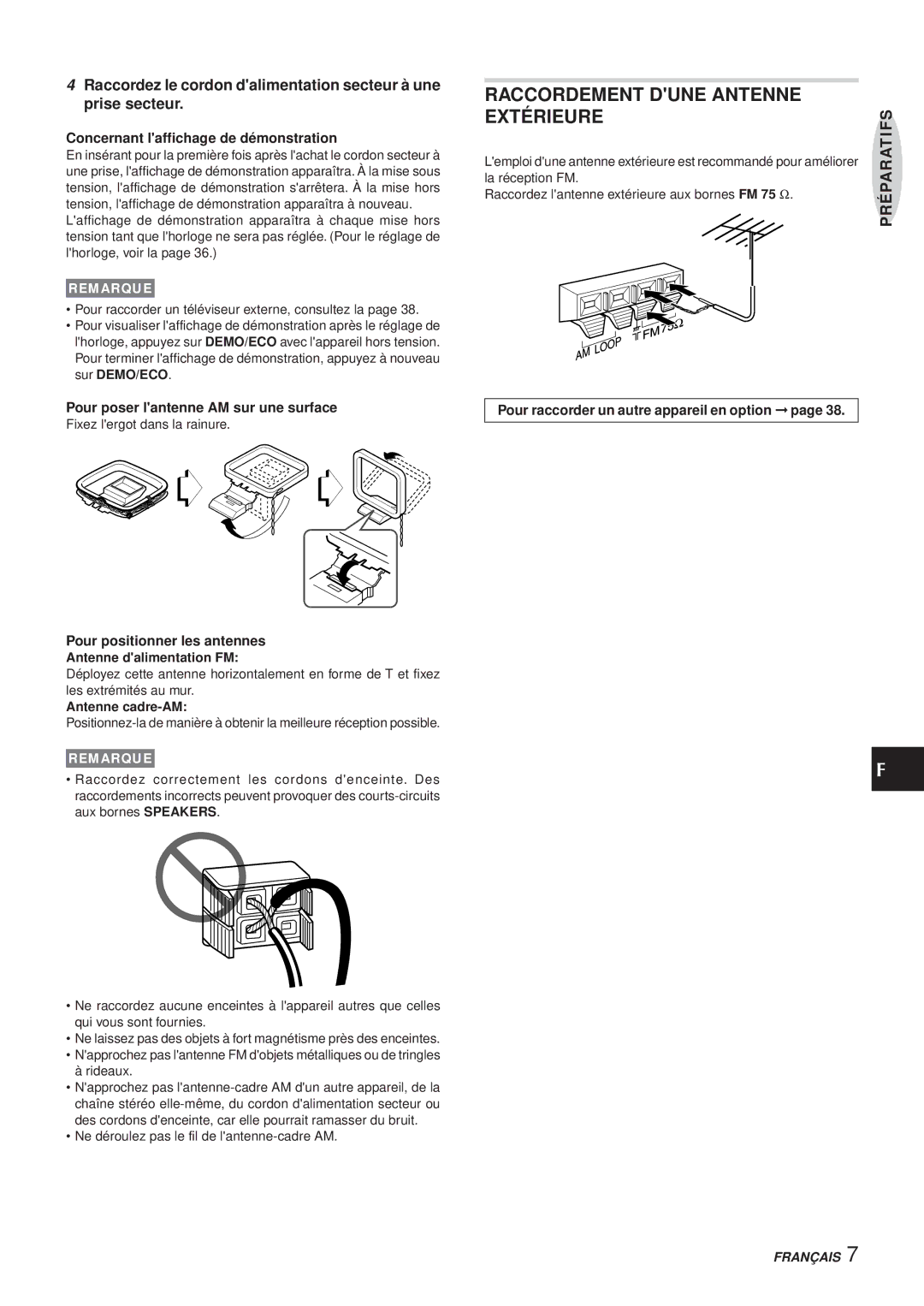 Aiwa XR-DV3M Raccordement Dune Antenne Extérieure, Concernant laffichage de démonstration, Pour positionner les antennes 