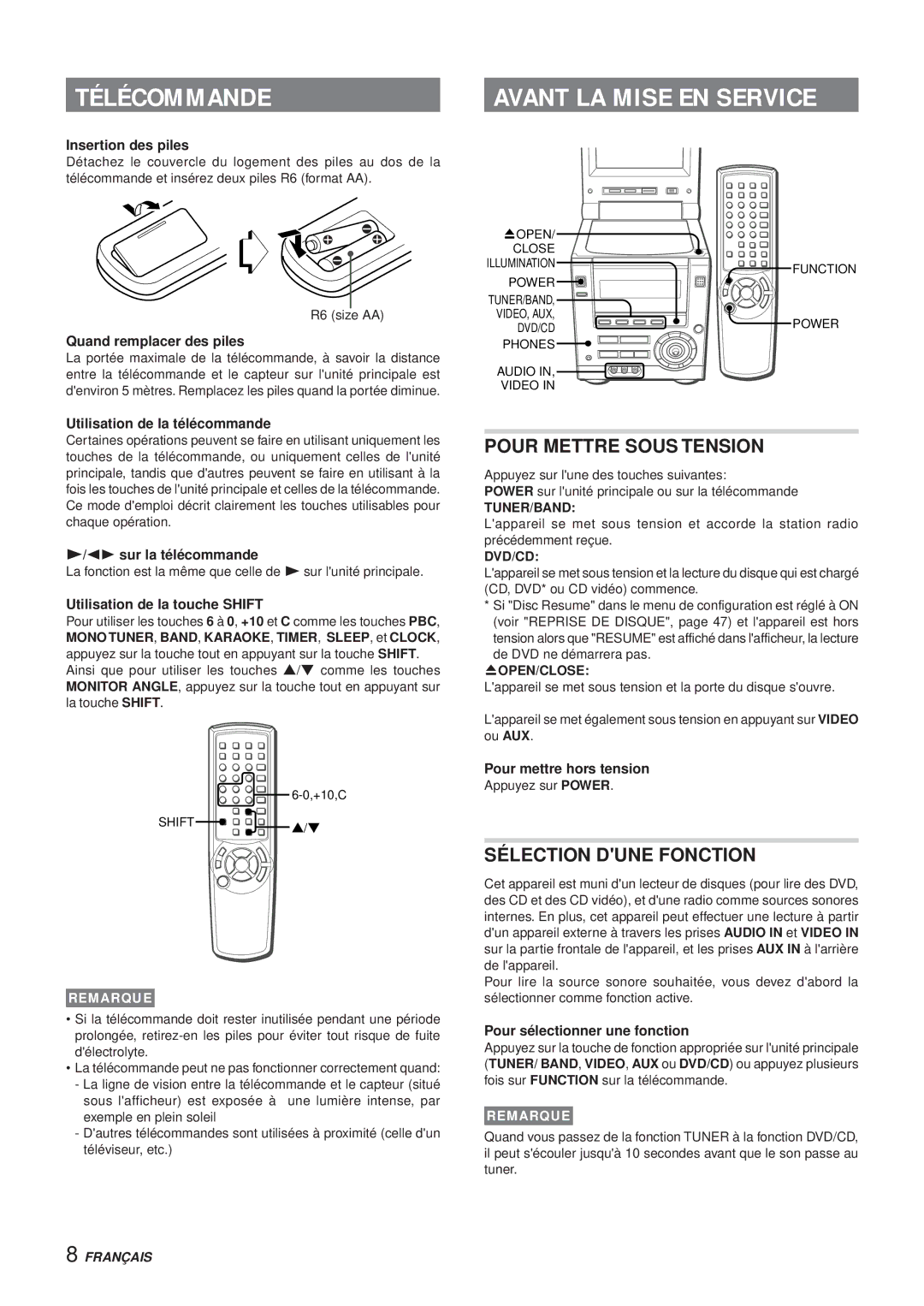 Aiwa XR-DV3M Télécommande, Avant LA Mise EN Service, Pour Mettre Sous Tension, Sélection Dune Fonction 