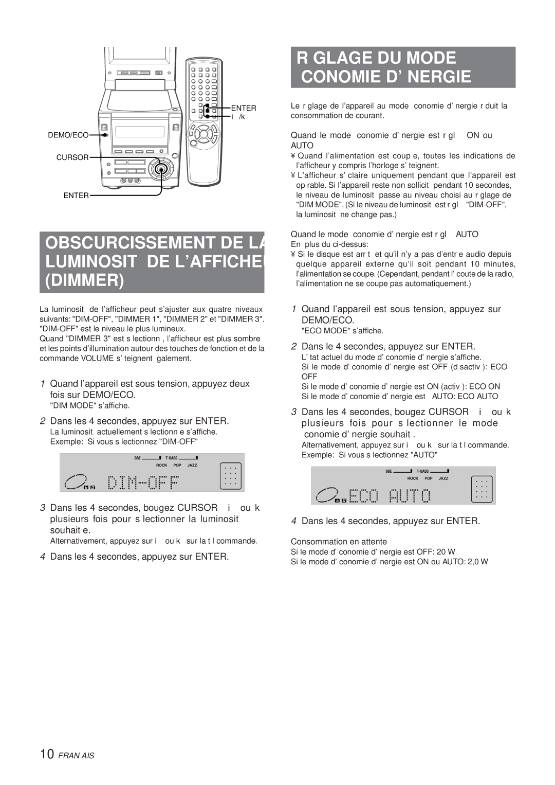 Aiwa XR-DV3M Obscurcissement DE LA Luminosité DE Lafficheur Dimmer, Réglage DU Mode Économie Dénergie 