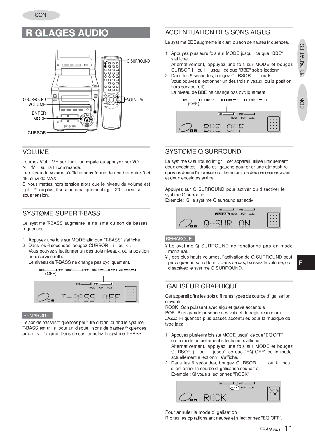 Aiwa XR-DV3M Réglages Audio, Système Super T-BASS, Accentuation DES Sons Aigus, Système Q Surround, Égaliseur Graphique 