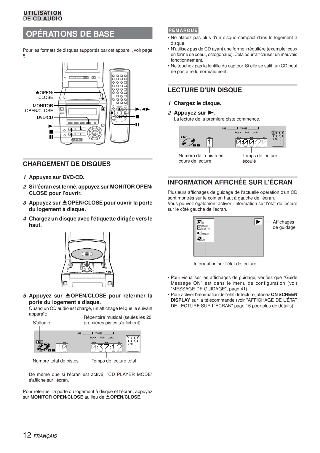 Aiwa XR-DV3M Opérations DE Base, Lecture DUN Disque, Chargement DE Disques, Information Affichée SUR Lécran 