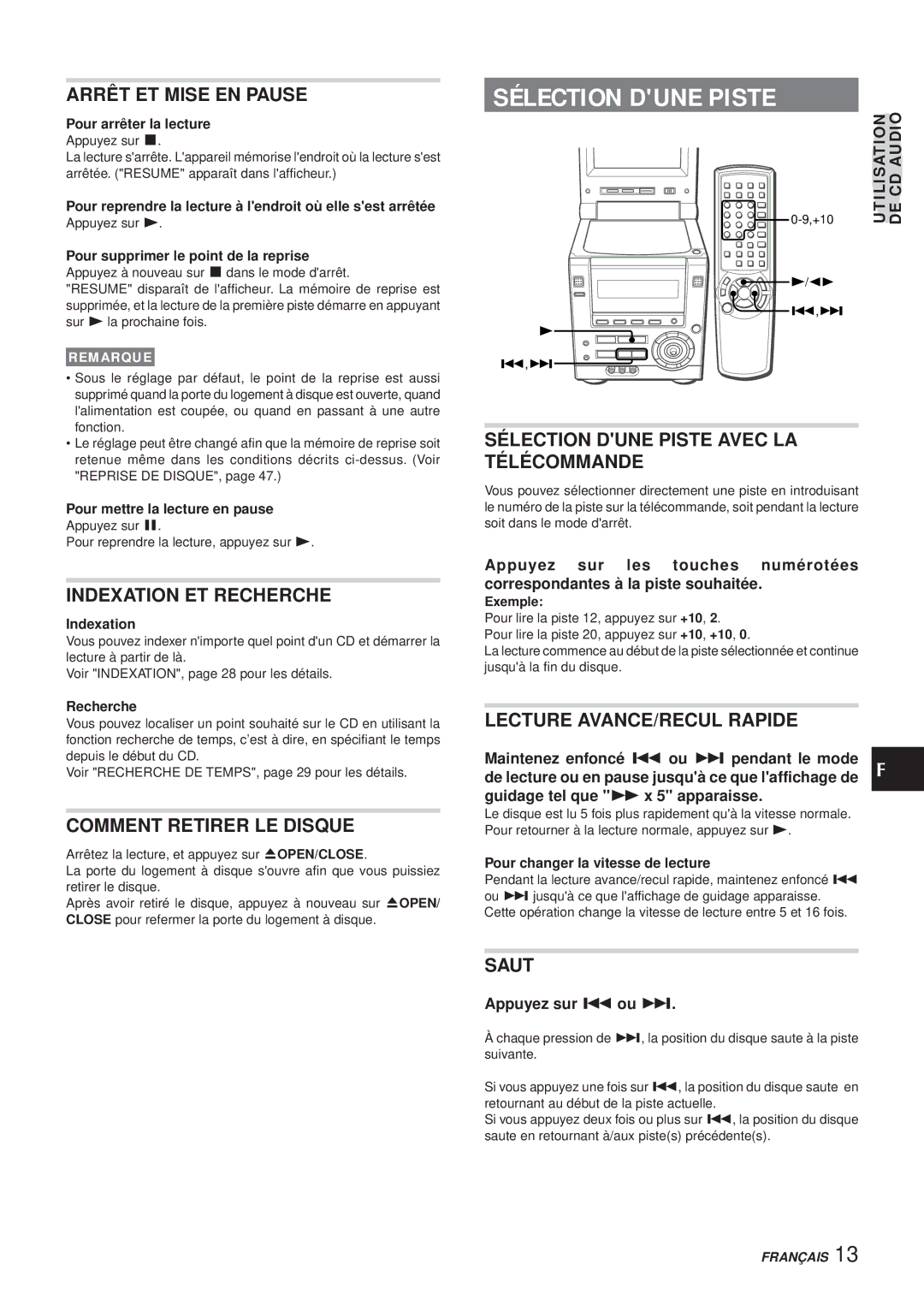 Aiwa XR-DV3M operating instructions Sélection Dune Piste 