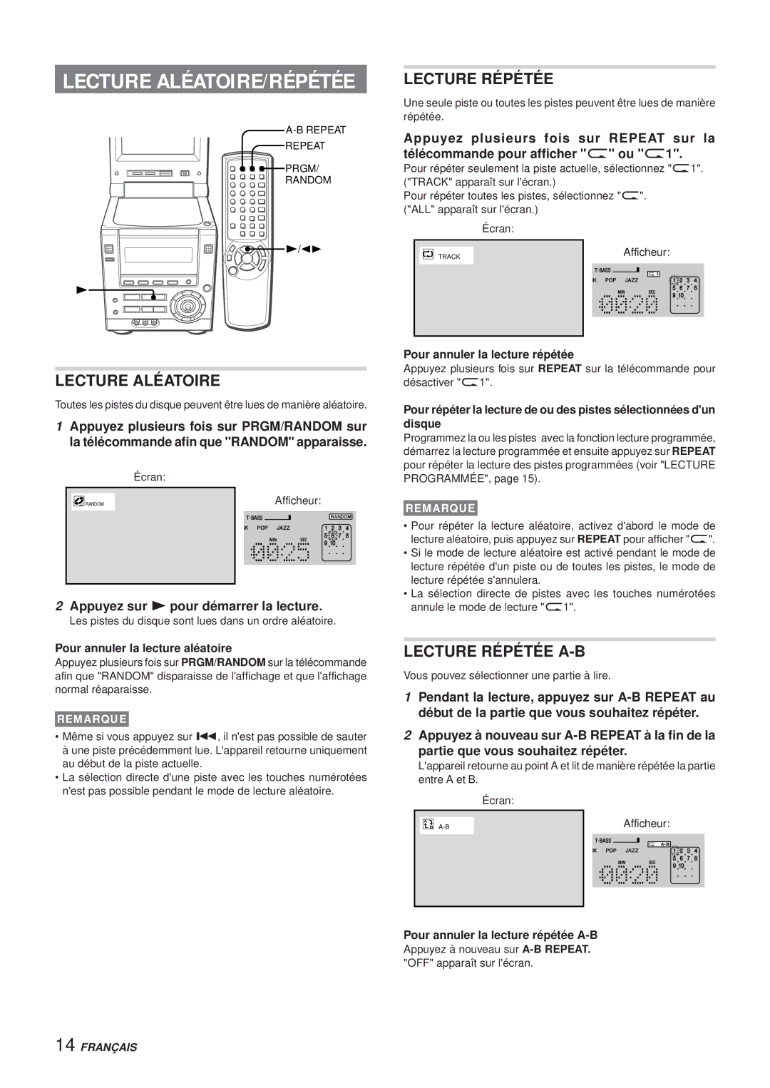 Aiwa XR-DV3M operating instructions Lecture Aléatoire, Lecture Répétée A-B, Appuyez sur c pour démarrer la lecture 