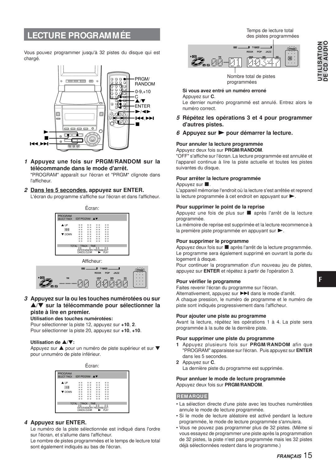 Aiwa XR-DV3M Lecture Programmée, Dans les 5 secondes, appuyez sur Enter, Piste à lire en premier, Appuyez sur Enter 