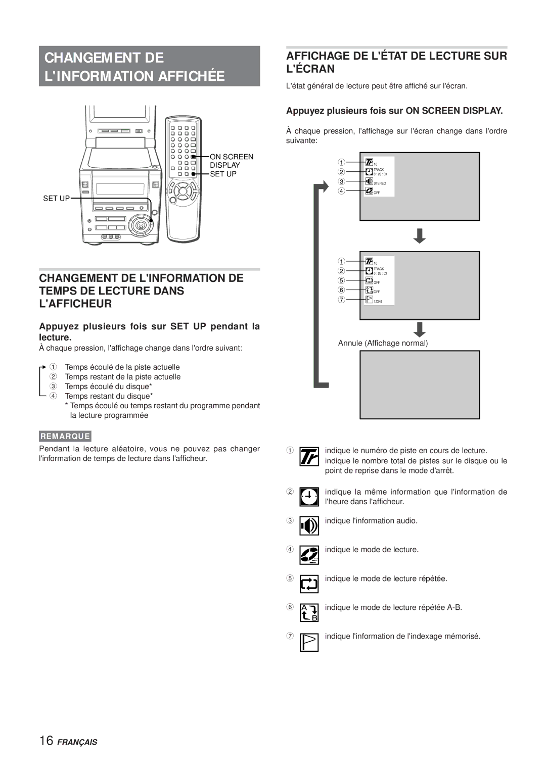 Aiwa XR-DV3M operating instructions Changement DE Linformation Affichée, Affichage DE Létat DE Lecture SUR Lécran 