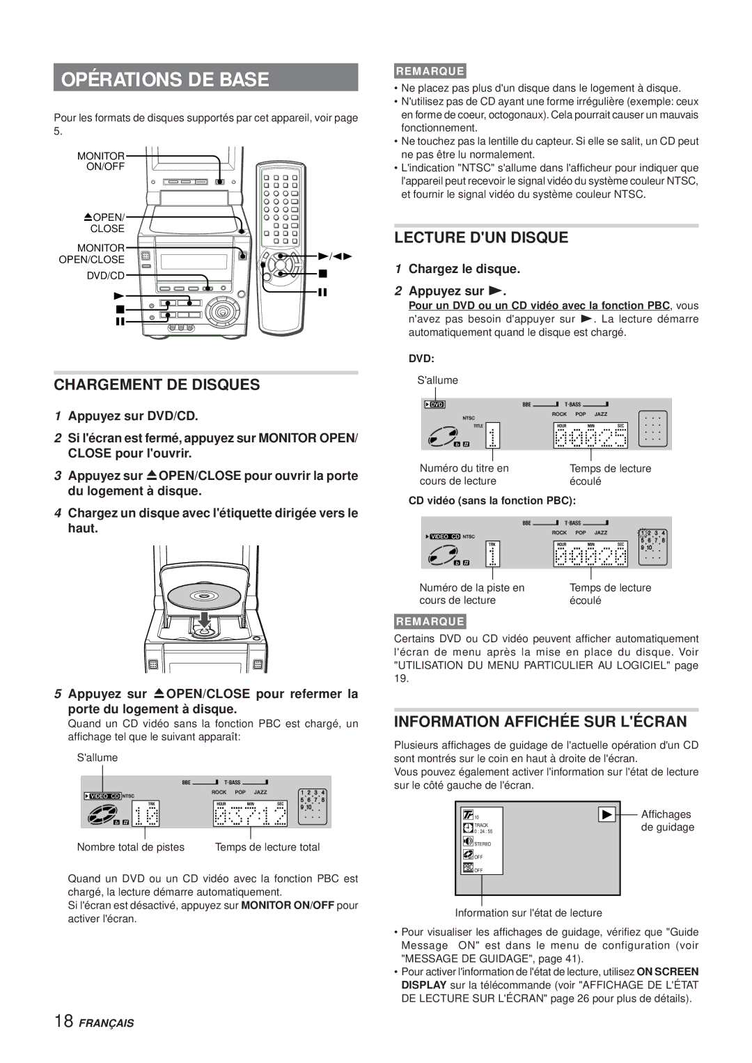 Aiwa XR-DV3M operating instructions Opérations DE Base, CD vidéo sans la fonction PBC 