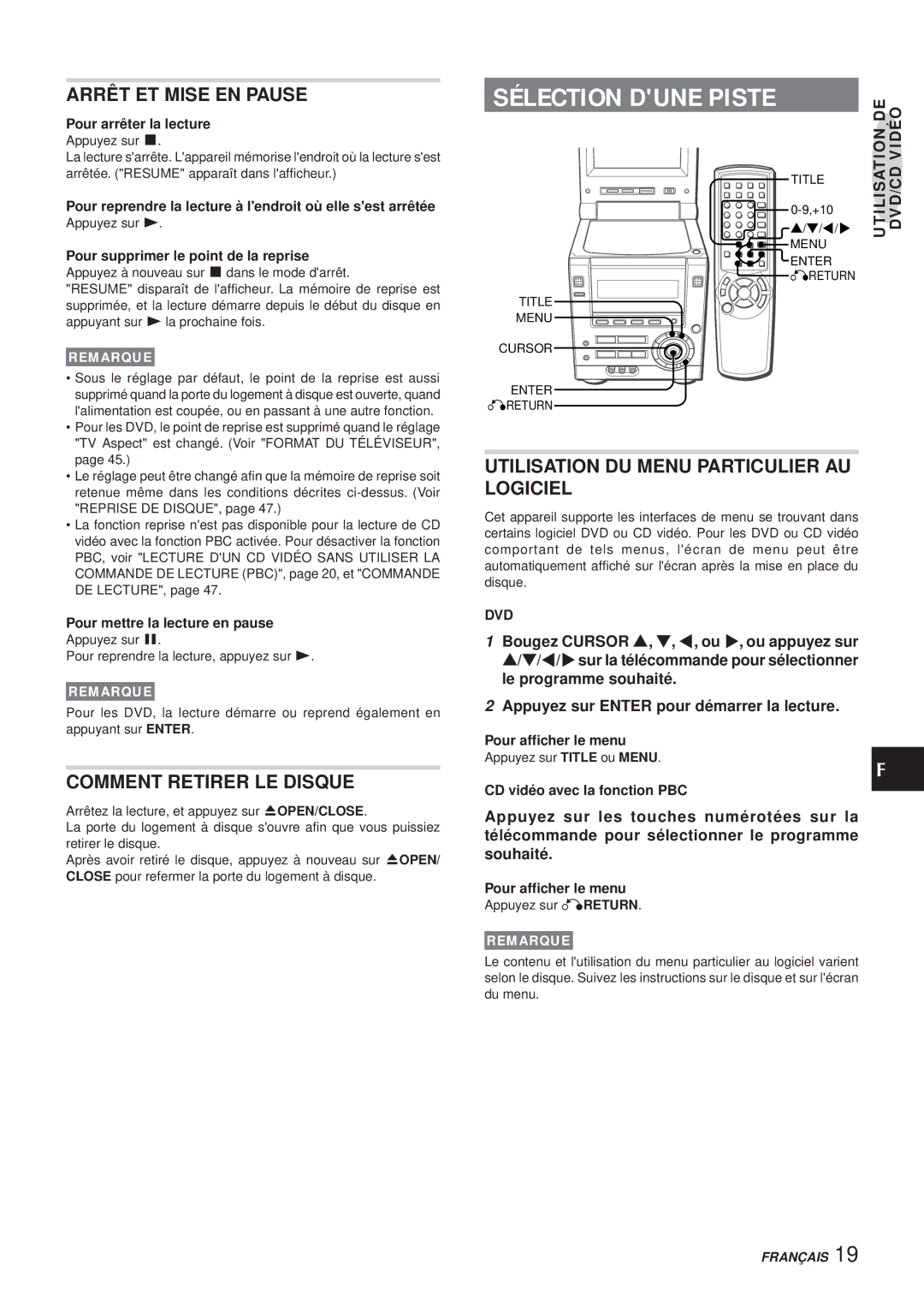 Aiwa XR-DV3M Utilisation DU Menu Particulier AU Logiciel, Dvd, Pour afficher le menu, CD vidéo avec la fonction PBC 