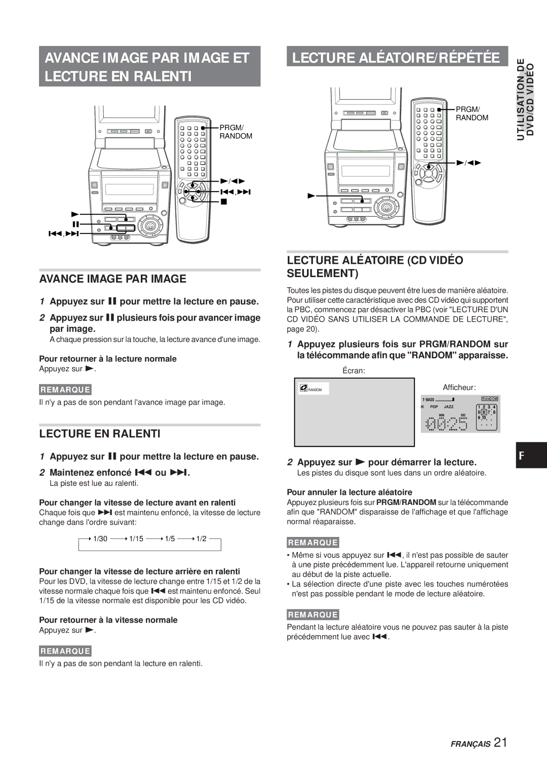 Aiwa XR-DV3M operating instructions Lecture EN Ralenti, Avance Image PAR Image, Lecture Aléatoire CD Vidéo Seulement 