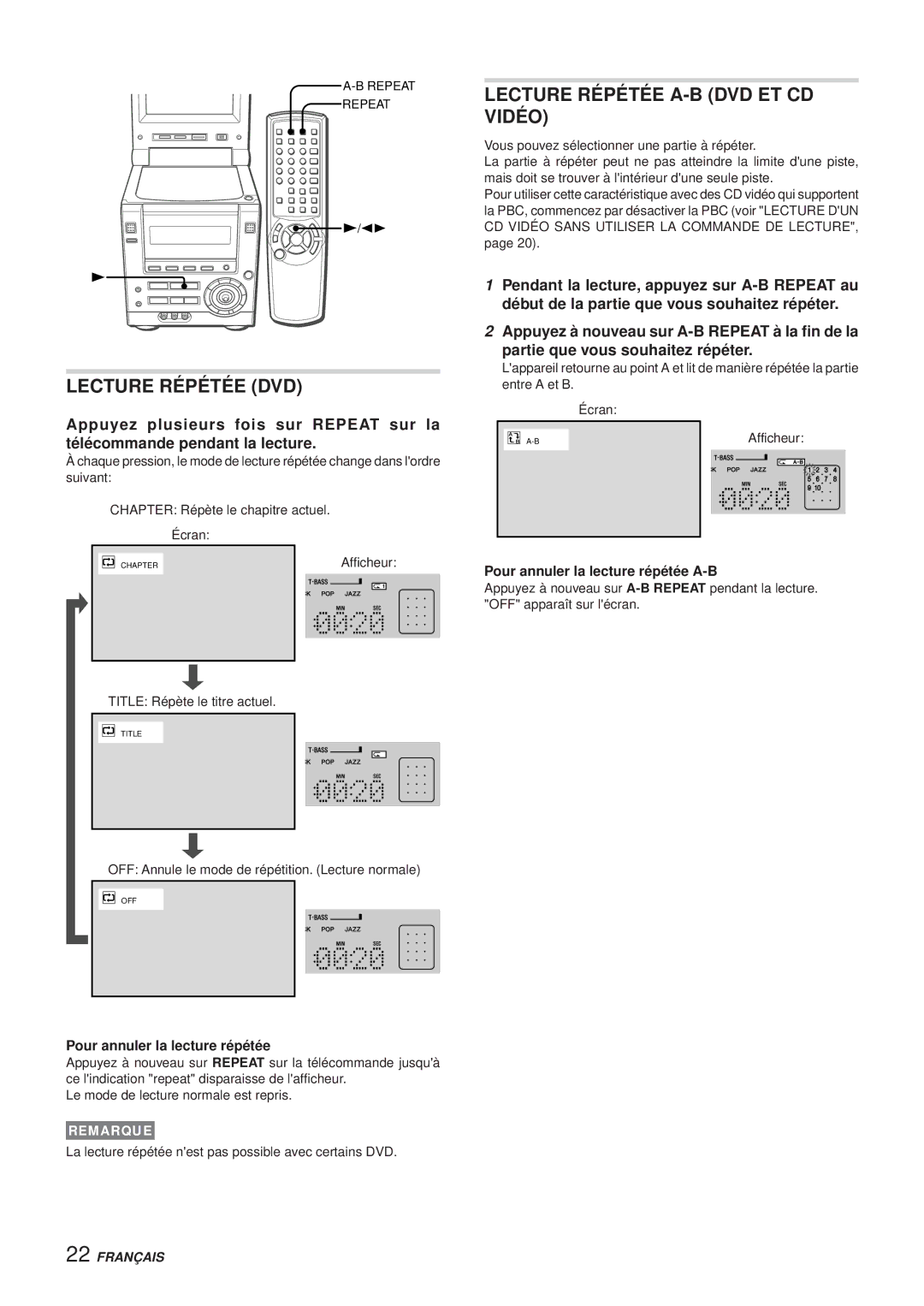 Aiwa XR-DV3M operating instructions Lecture Répétée DVD, Lecture Répétée A-B DVD ET CD Vidéo 