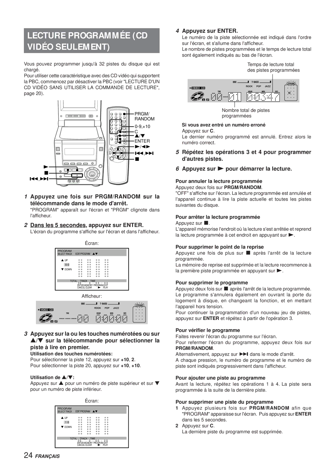 Aiwa XR-DV3M operating instructions Lecture Programmée CD Vidéo Seulement, Prgm/Random 