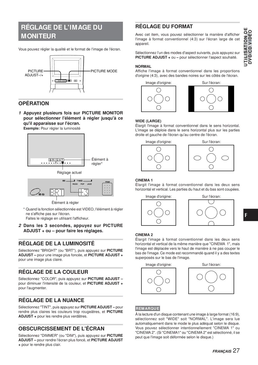 Aiwa XR-DV3M operating instructions Réglage DE Limage DU Moniteur 