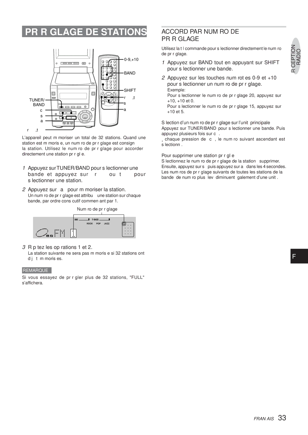 Aiwa XR-DV3M operating instructions Préréglage DE Stations, Accord PAR Numéro DE Préréglage, Répétez les opérations 1 et 