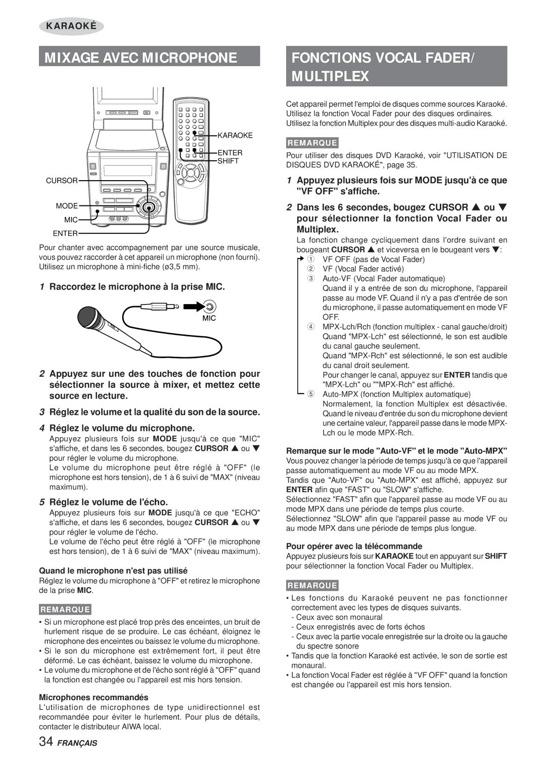 Aiwa XR-DV3M operating instructions Mixage Avec Microphone, Multiplex, Réglez le volume de lécho 