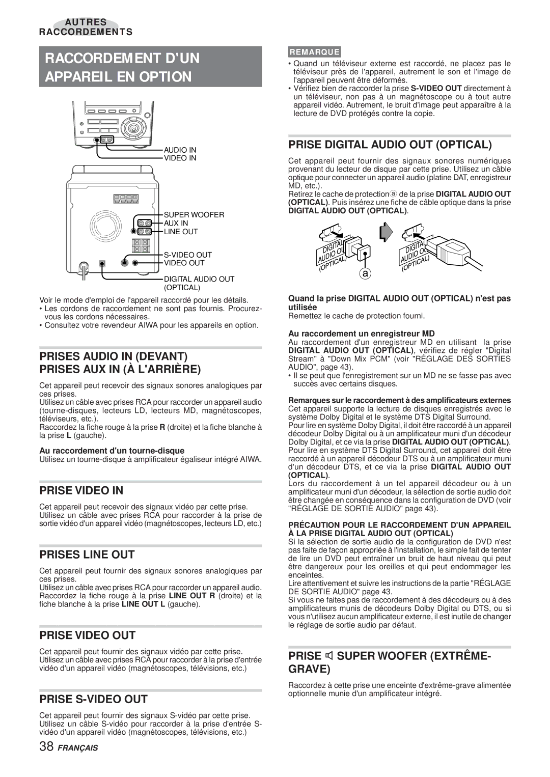 Aiwa XR-DV3M operating instructions Raccordement DUN Appareil EN Option 