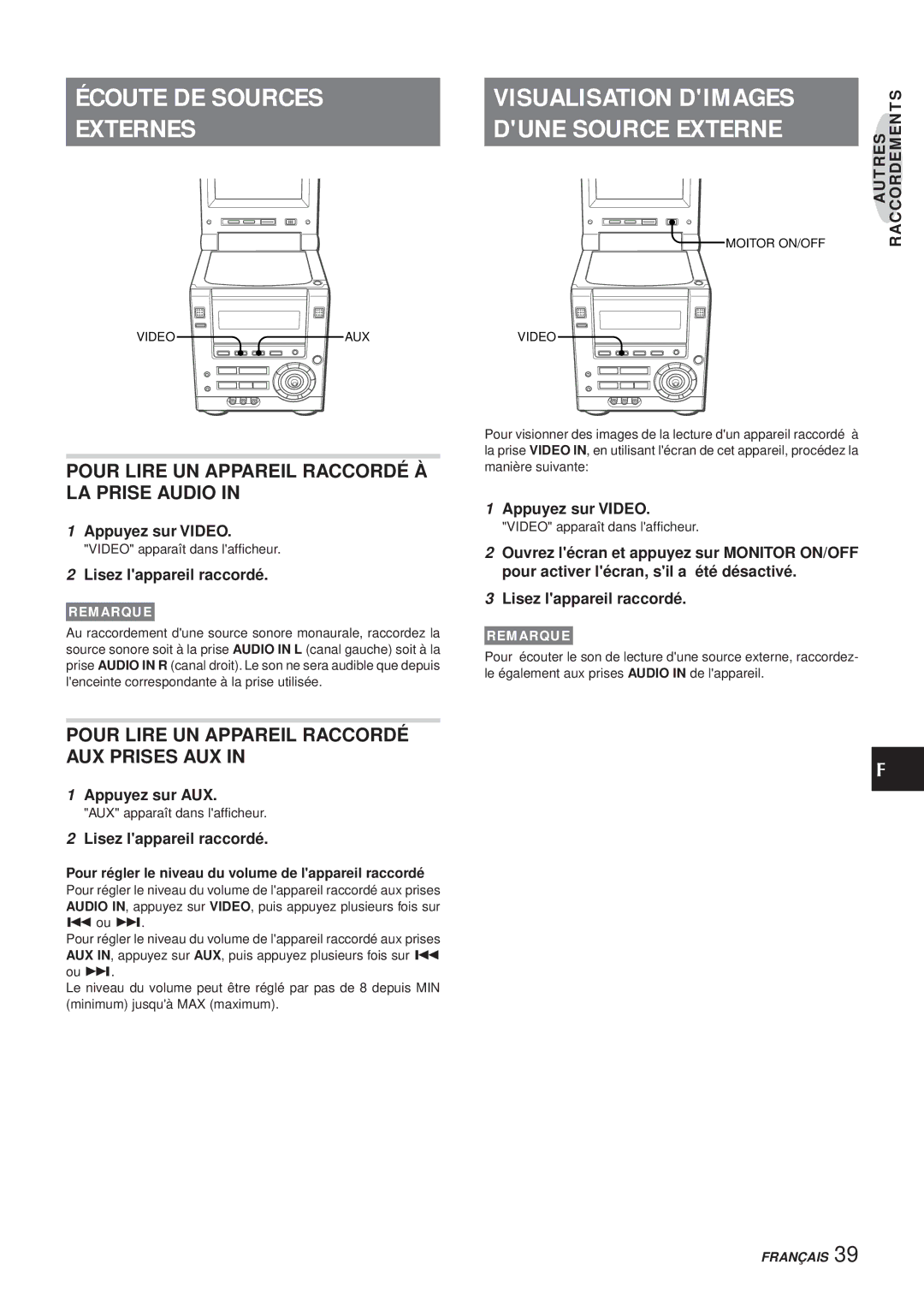 Aiwa XR-DV3M operating instructions Écoute DE Sources, Externes, Pour Lire UN Appareil Raccordé À LA Prise Audio 