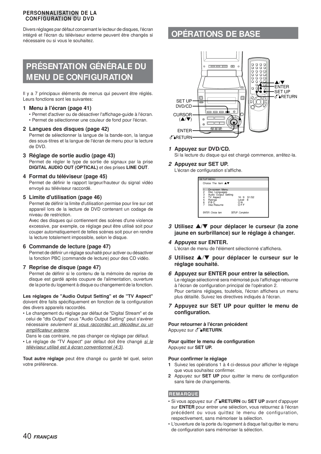 Aiwa XR-DV3M operating instructions Menu DE Configuration 