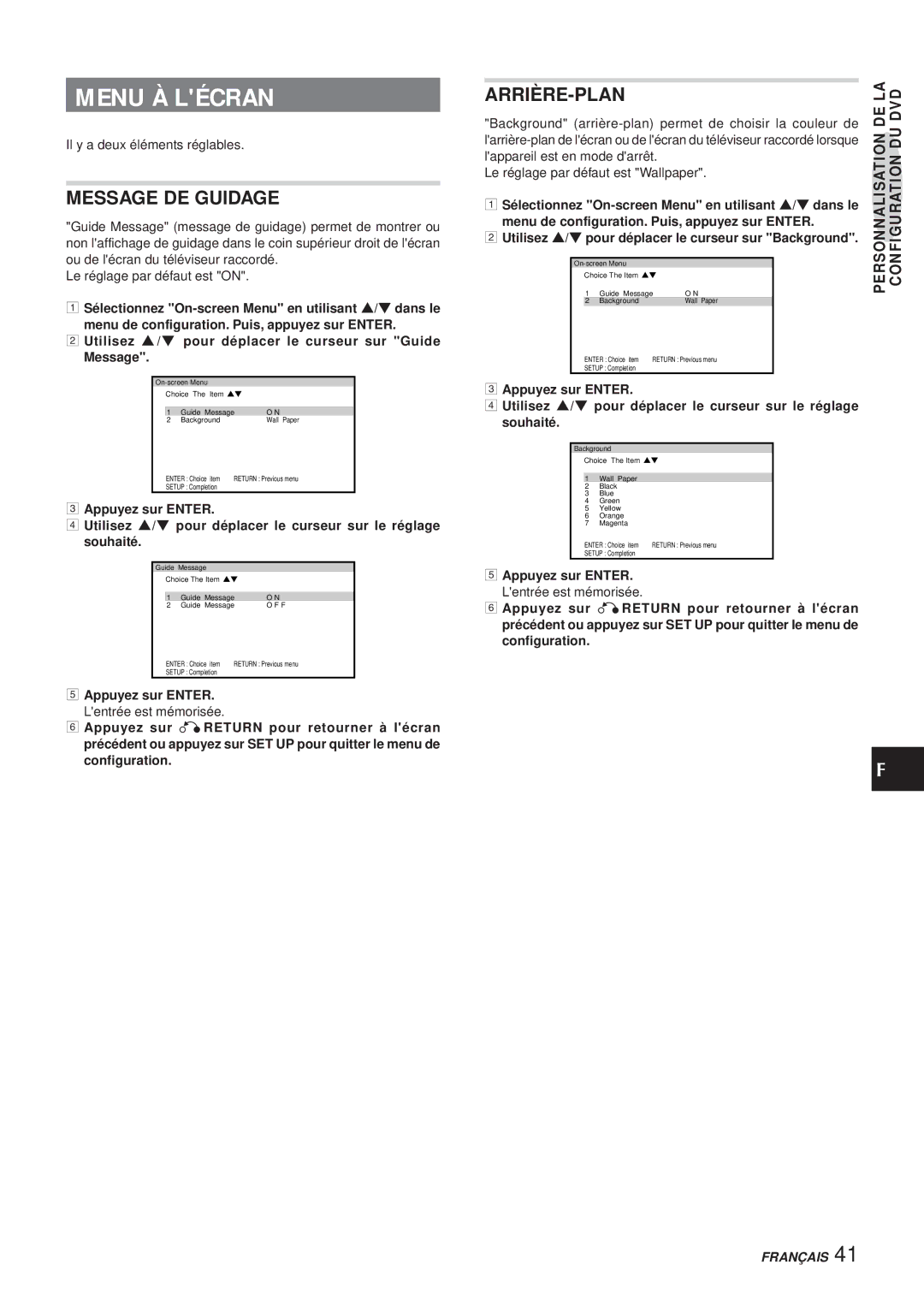 Aiwa XR-DV3M operating instructions Menu À Lécran, Message DE Guidage, Arrière-Plan, Appuyez sur Enter 