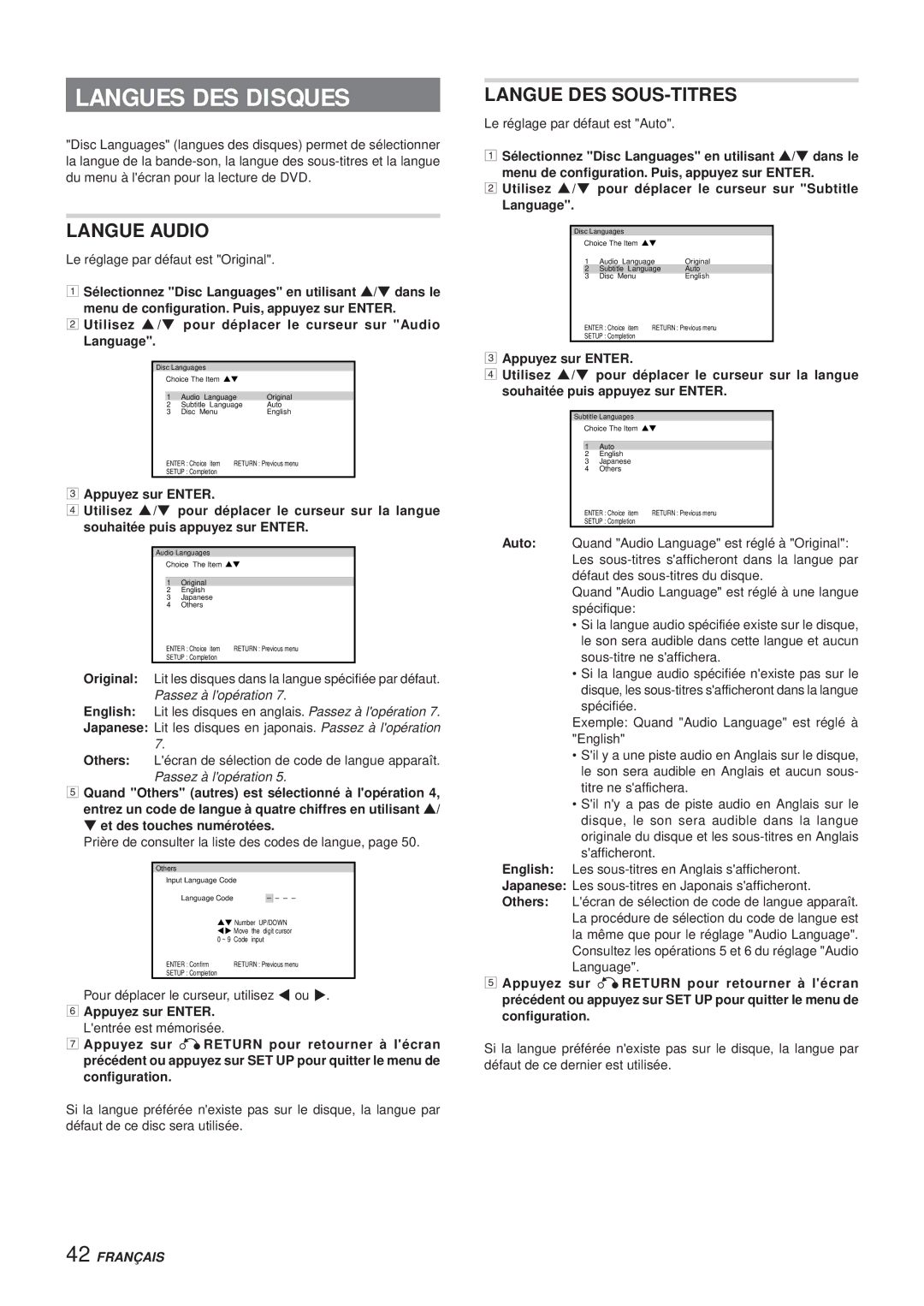 Aiwa XR-DV3M operating instructions Langues DES Disques, Langue Audio, Langue DES SOUS-TITRES 