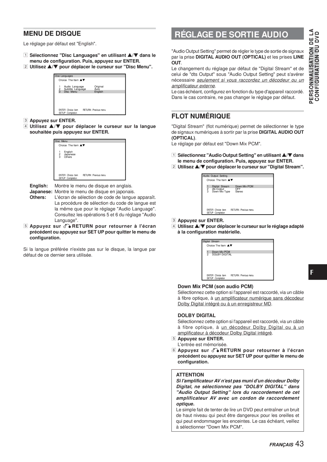 Aiwa XR-DV3M operating instructions Menu DE Disque, Flot Numérique, Down Mix PCM son audio PCM 