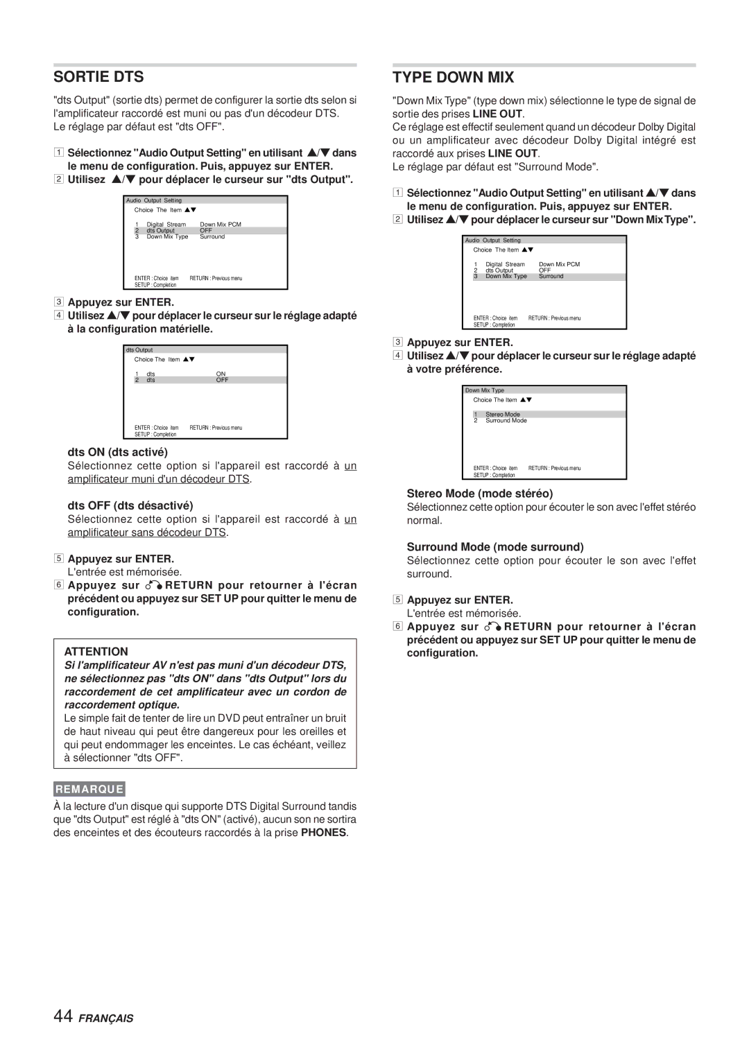 Aiwa XR-DV3M operating instructions Sortie DTS, Type Down MIX 