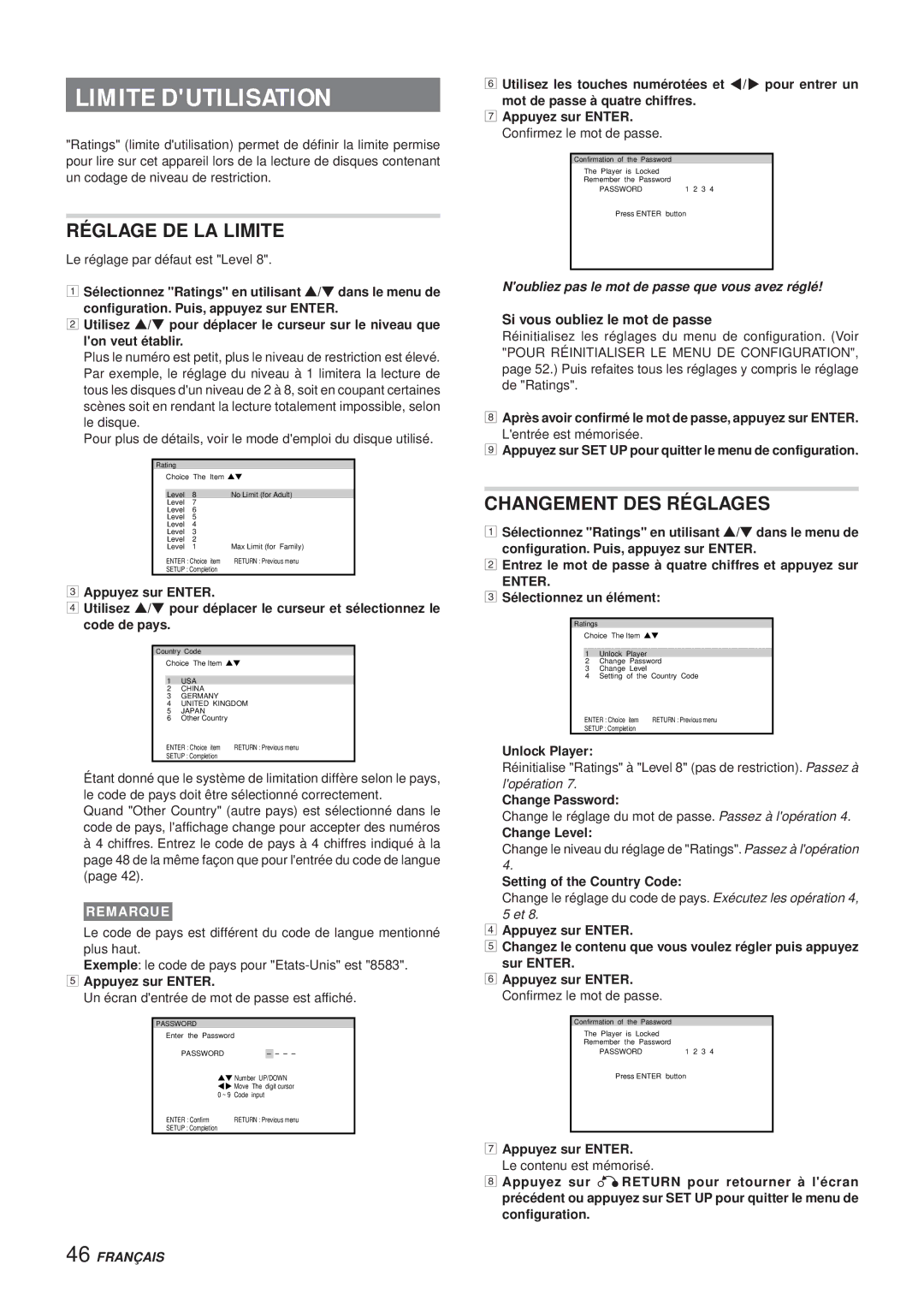 Aiwa XR-DV3M Limite Dutilisation, Réglage DE LA Limite, Changement DES Réglages, Si vous oubliez le mot de passe 