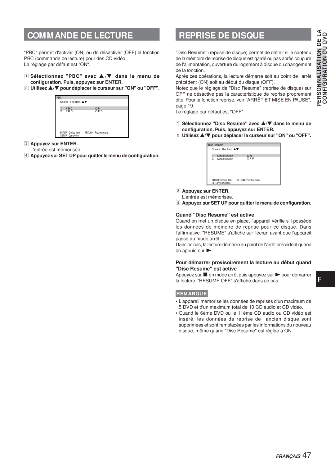 Aiwa XR-DV3M operating instructions Commande DE Lecture, Reprise DE Disque, Quand Disc Resume est active 