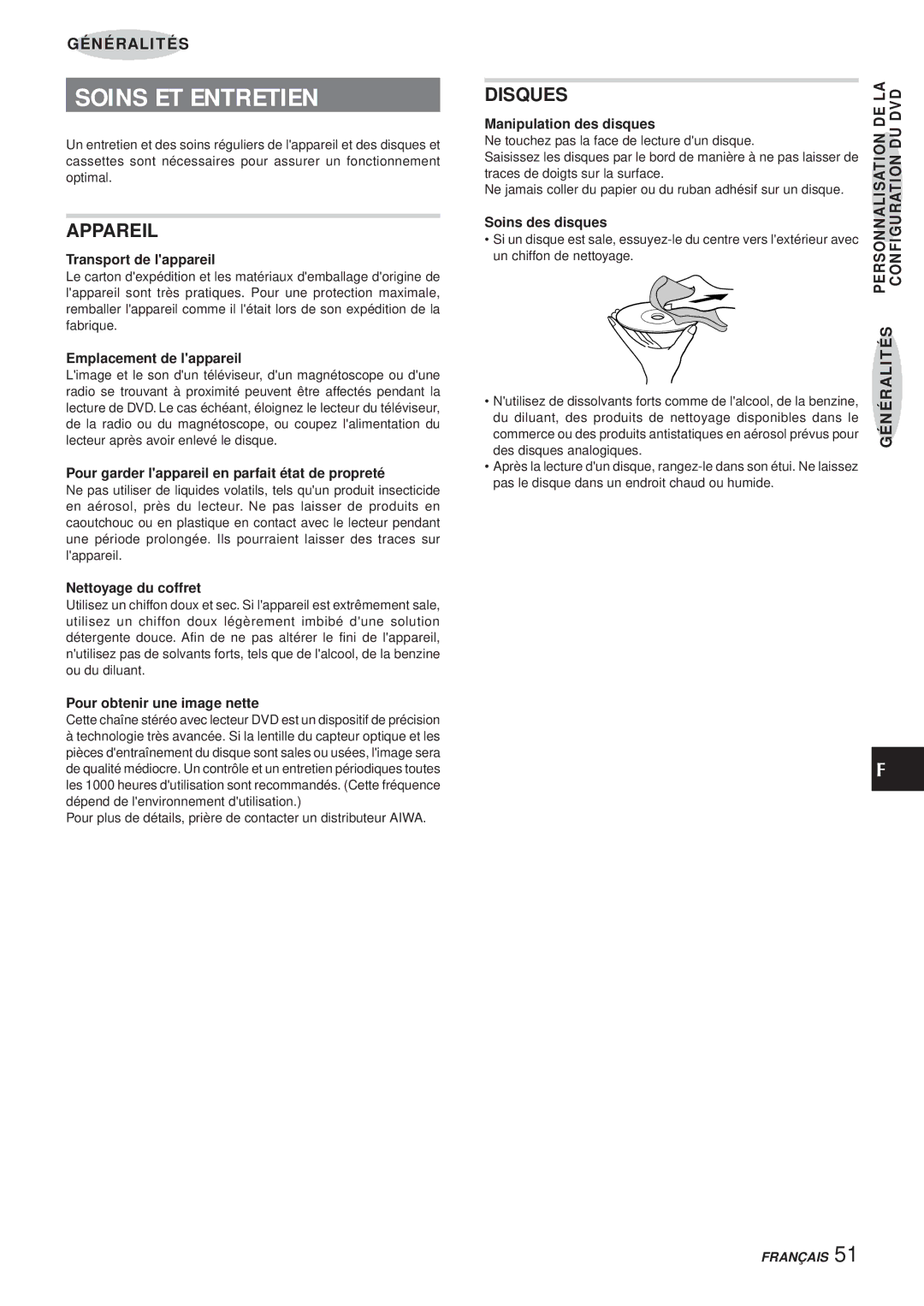 Aiwa XR-DV3M operating instructions Soins ET Entretien, Appareil, Disques 