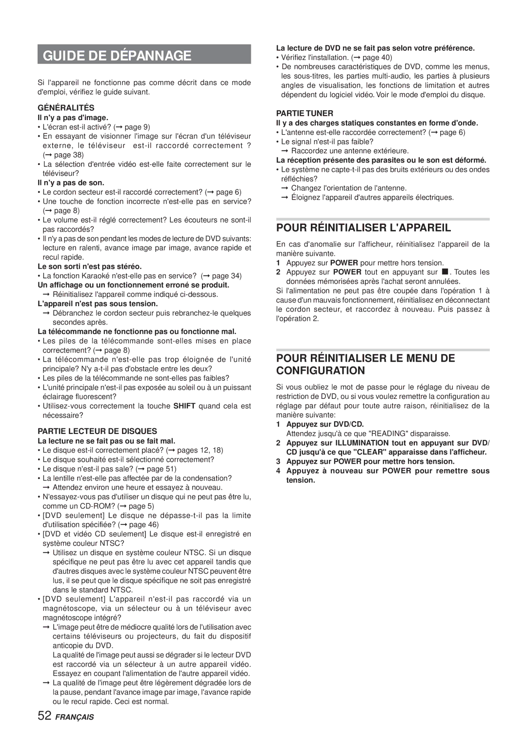 Aiwa XR-DV3M Guide DE Dépannage, Pour Réinitialiser Lappareil, Pour Réinitialiser LE Menu DE Configuration 