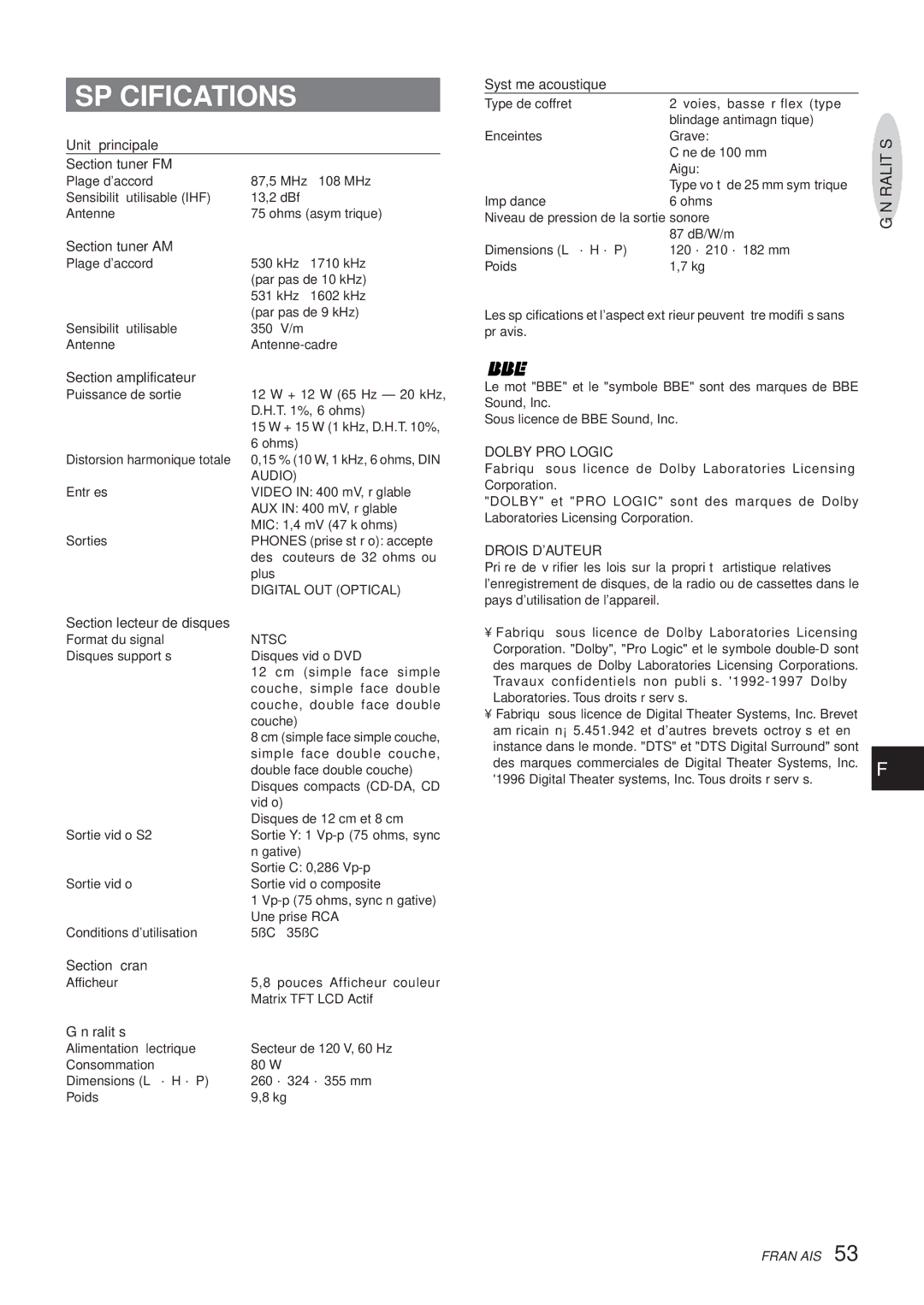 Aiwa XR-DV3M operating instructions Spécifications, Drois Dauteur 