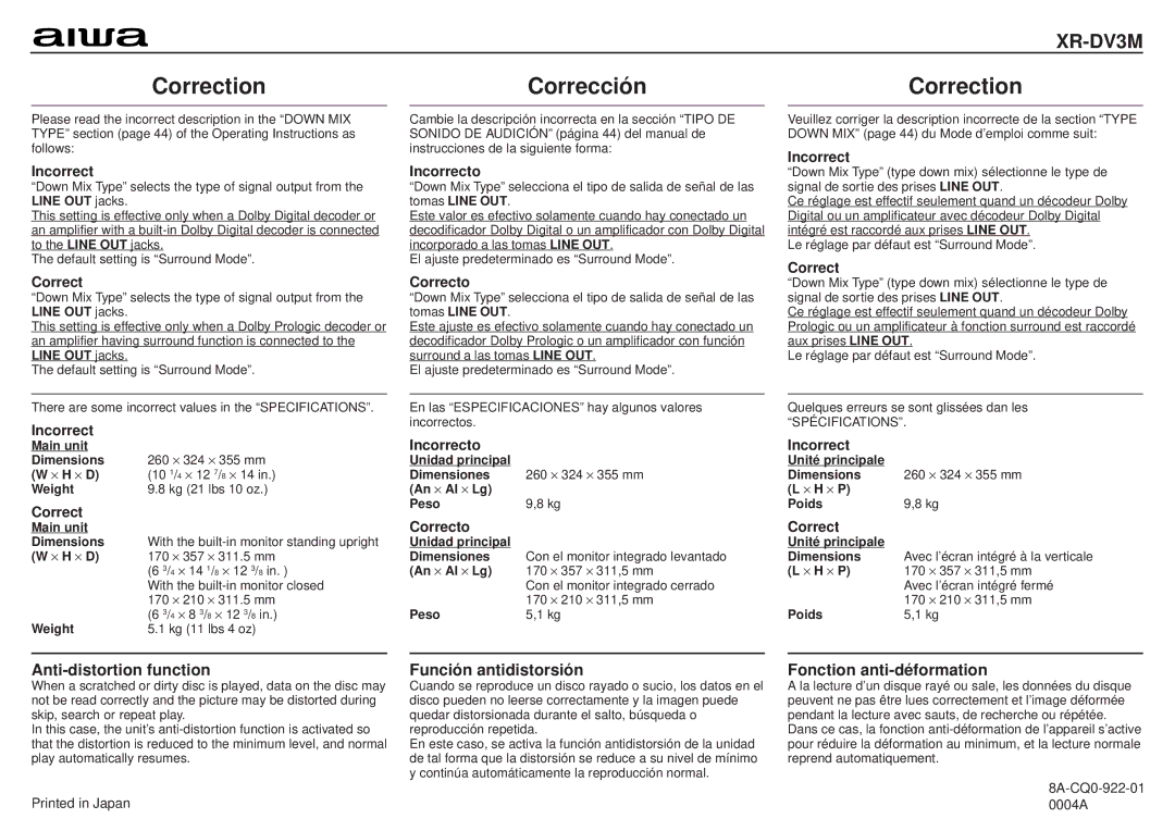 Aiwa XR-DV3M operating instructions Anti-distortion function, Función antidistorsión, Fonction anti-déformation 