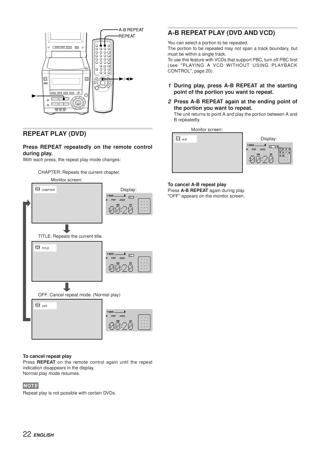 Aiwa XR-DV3M operating instructions Repeat Play DVD and VCD, Press Repeat repeatedly on the remote control during play 