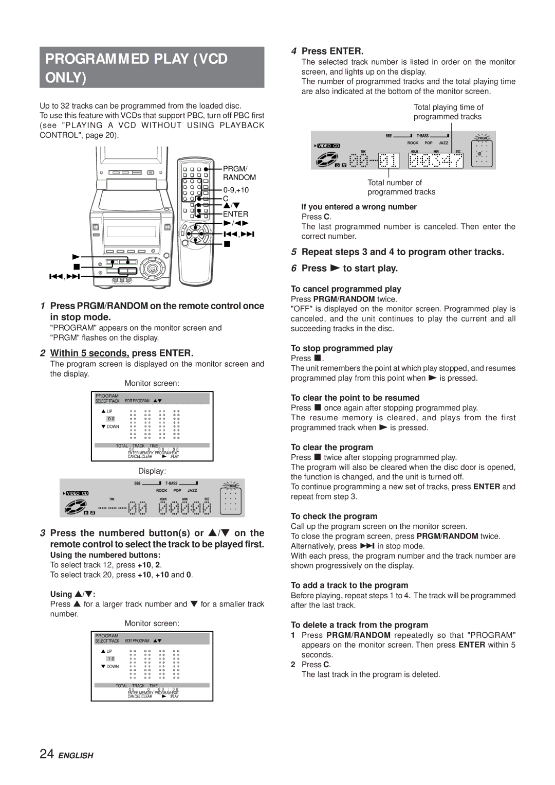 Aiwa XR-DV3M operating instructions Programmed Play VCD Only, Press PRGM/RANDOM on the remote control once Stop mode 