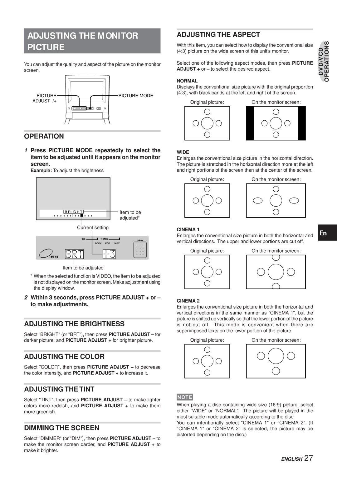 Aiwa XR-DV3M operating instructions Adjusting the Monitor Picture 