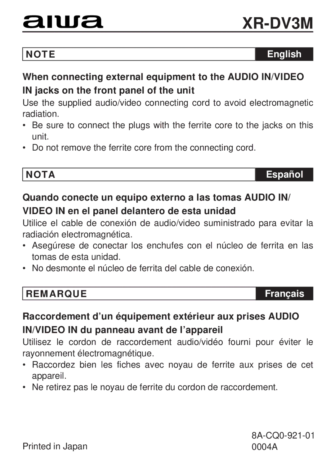 Aiwa XR-DV3M operating instructions 