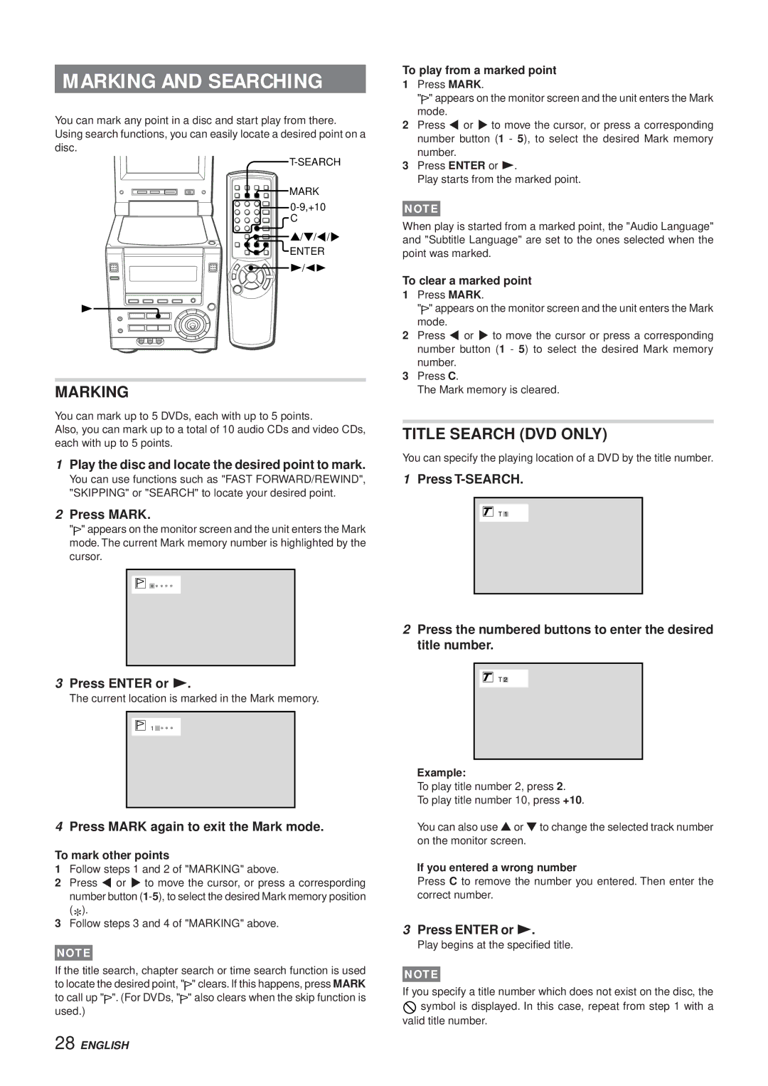 Aiwa XR-DV3M operating instructions Marking and Searching, Title Search DVD only 