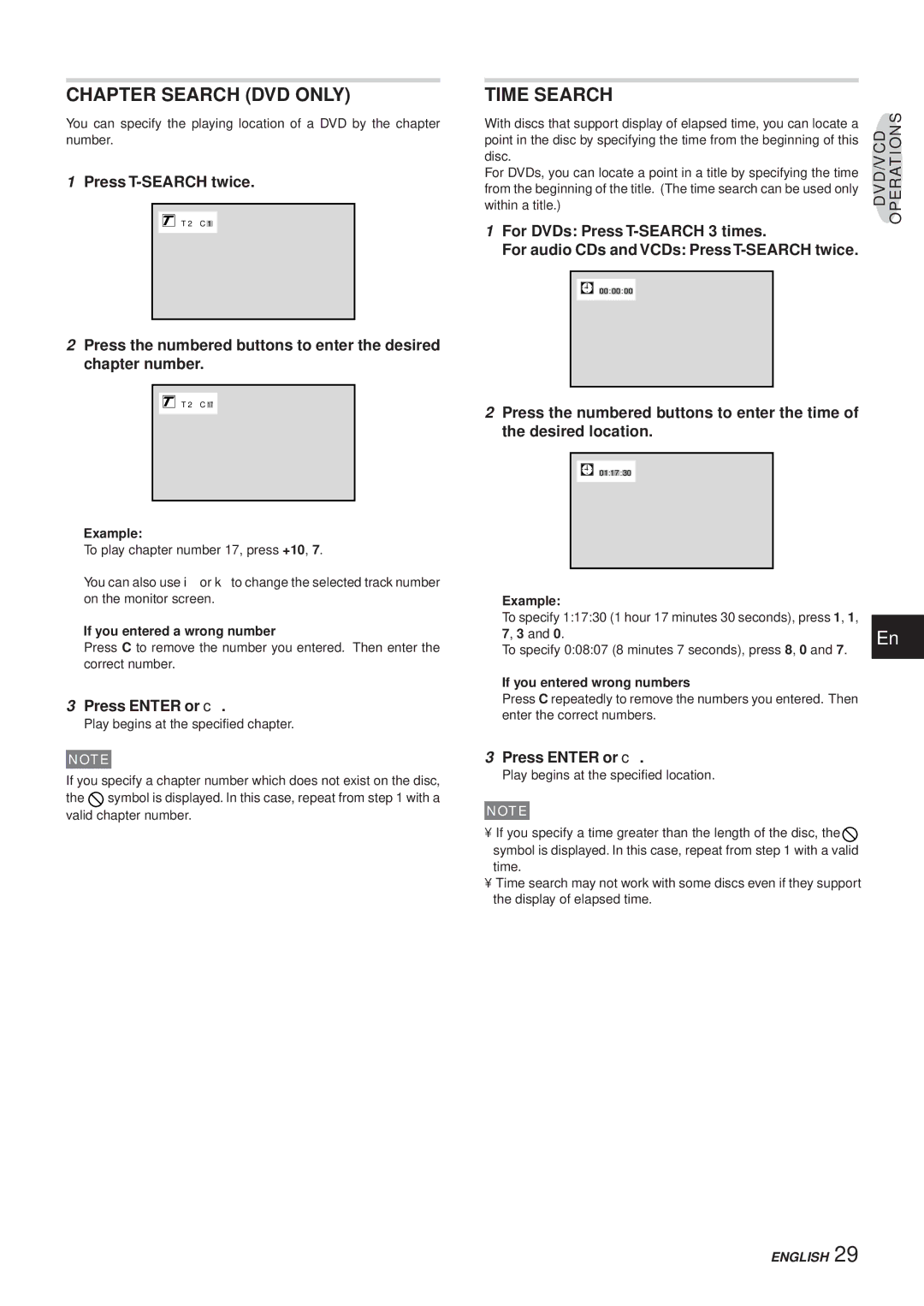 Aiwa XR-DV3M operating instructions Chapter Search DVD only, Time Search, If you entered wrong numbers 