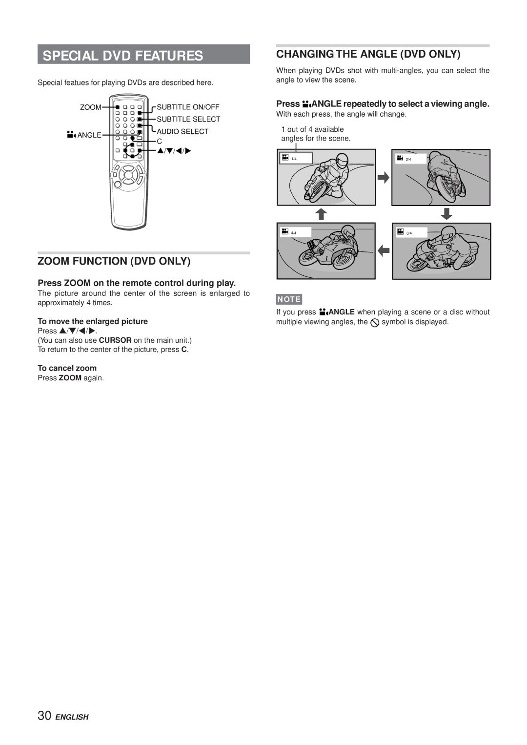 Aiwa XR-DV3M operating instructions Special DVD Features, Zoom Function DVD only, Changing the Angle DVD only 