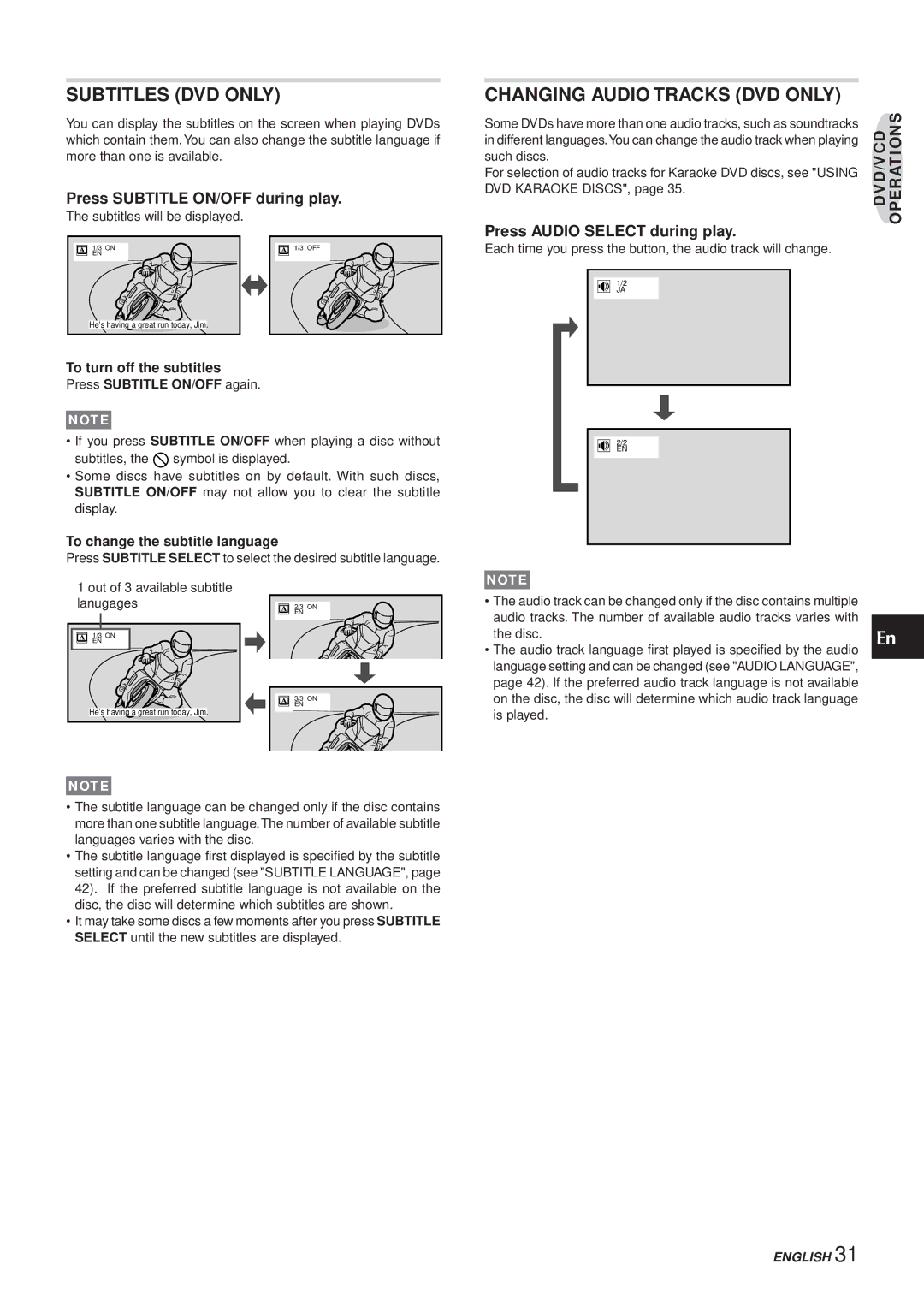 Aiwa XR-DV3M operating instructions Subtitles DVD only, Changing Audio Tracks DVD only, Press Subtitle ON/OFF during play 